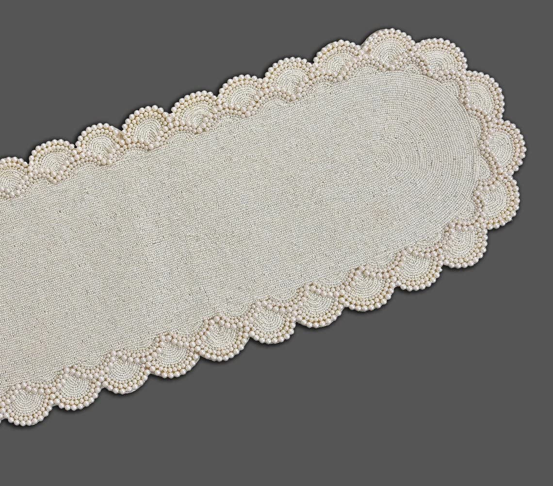 HM Creations Handmade White Pearls & Beads Luxury Table Runner - 13x36 Inch Wedding Table Topper (Set of 6 Placemats) for Bridal Showers, Anniversary Dinners & Formal Dining Decor