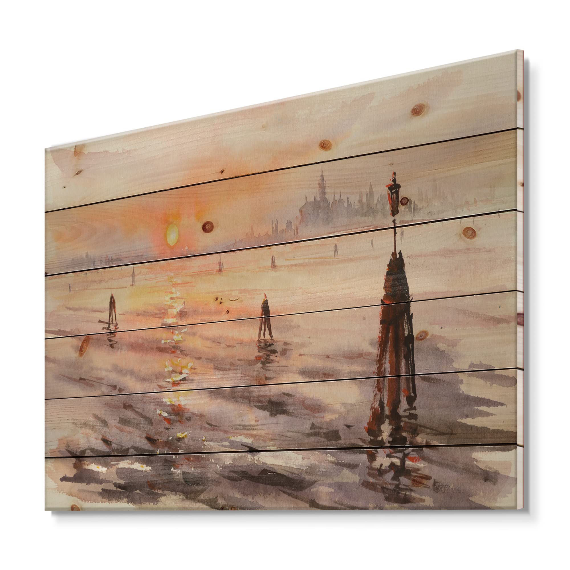 Venice Sunset Panorama Wood Wall Art - Coastal & Nautical Decor, Large Orange Landscape Print on Natural Pine Wood Panel | Perfect for Beach House, Living Room & Office Wall Decor