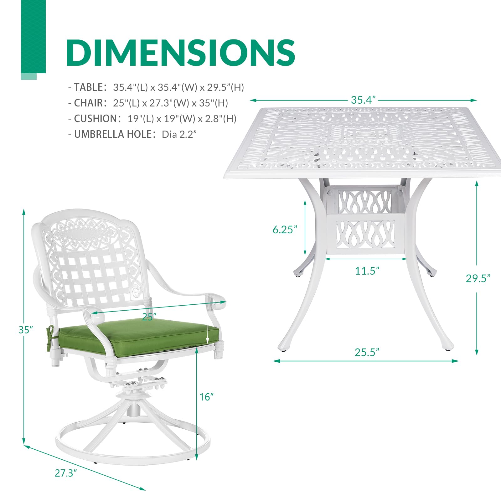 VIVIJASON 5-Piece All-Weather Outdoor Patio Dining Set - Cast Aluminum Conversation Set with 4 Swivel Rocker Chairs & 35.4