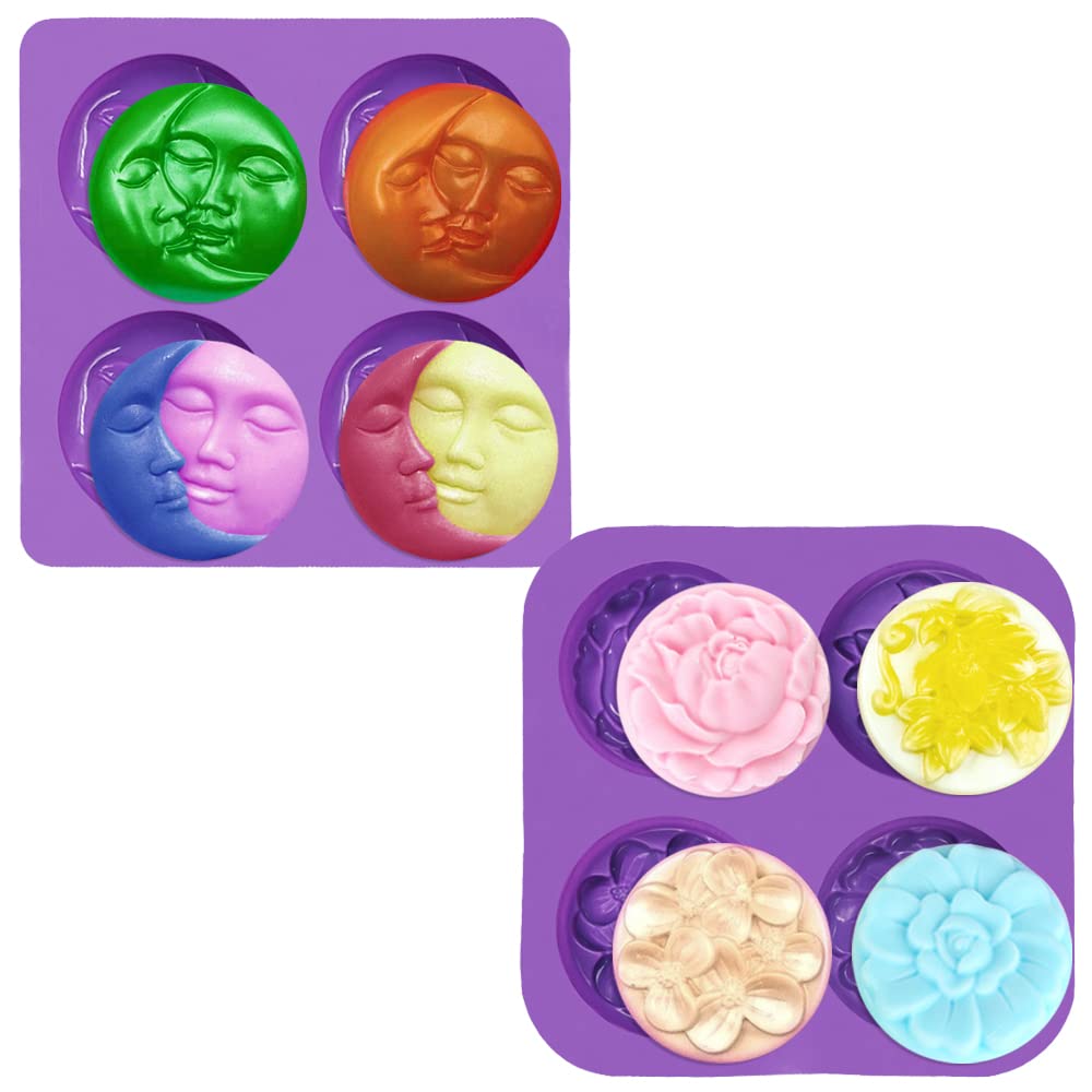 2 PCS SENHAI Silicone Soap Molds Set - 4 Cavity Sun & Moon Face Molds & 4 Cavity Flower Shapes Molds for DIY Soap Making, Homemade Lotion Bars, Cake Decorating, Chocolate & Pudding - Perfect for Crafting, Gifts & Home Baking
