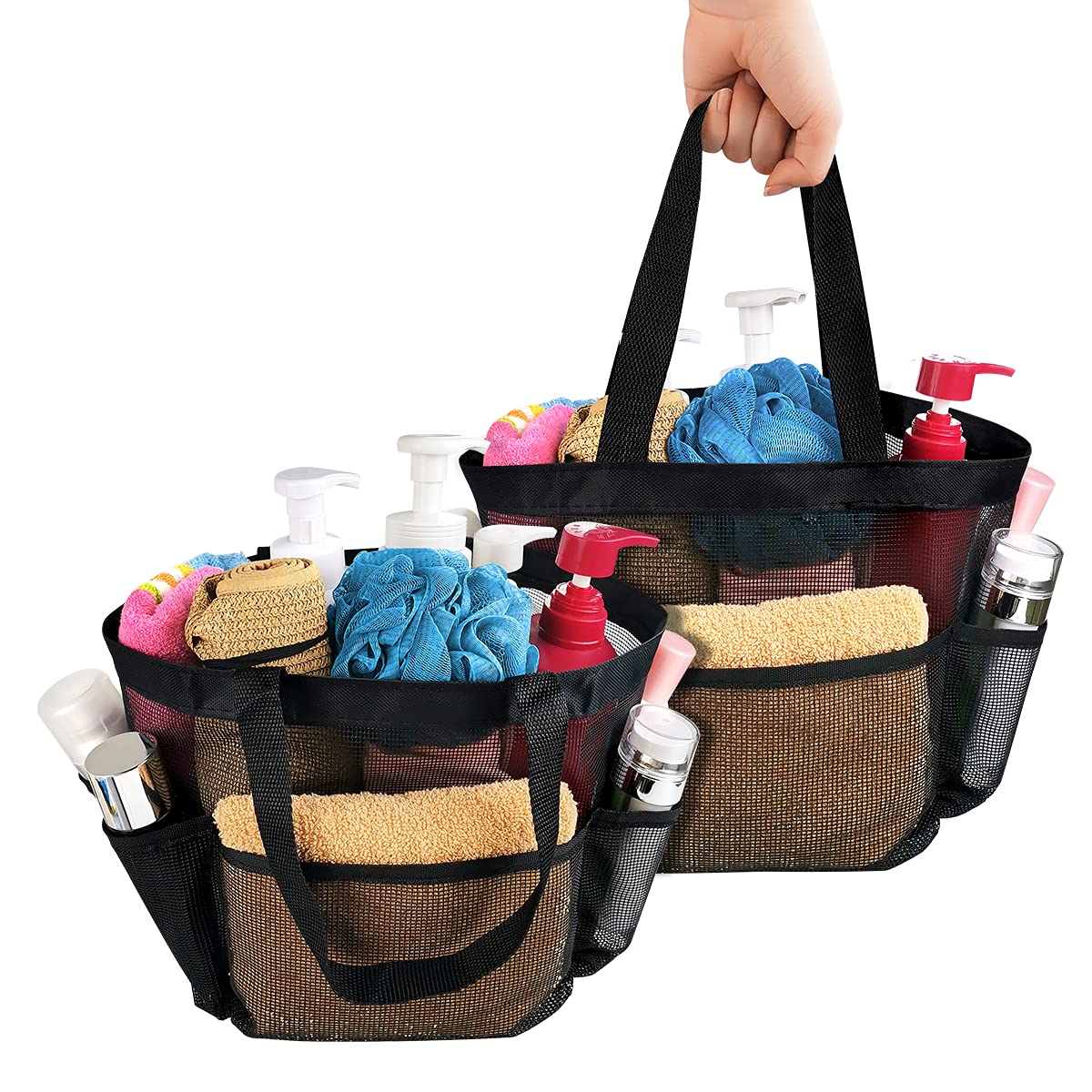 8-Pocket Mesh Shower Caddy Organizer - Hanging Portable Toiletry Tote Bag for Bathroom, College Dorm, Gym & Travel (2 Pack, Black) | Perfect for Showers, Swimming & Organizing Essentials