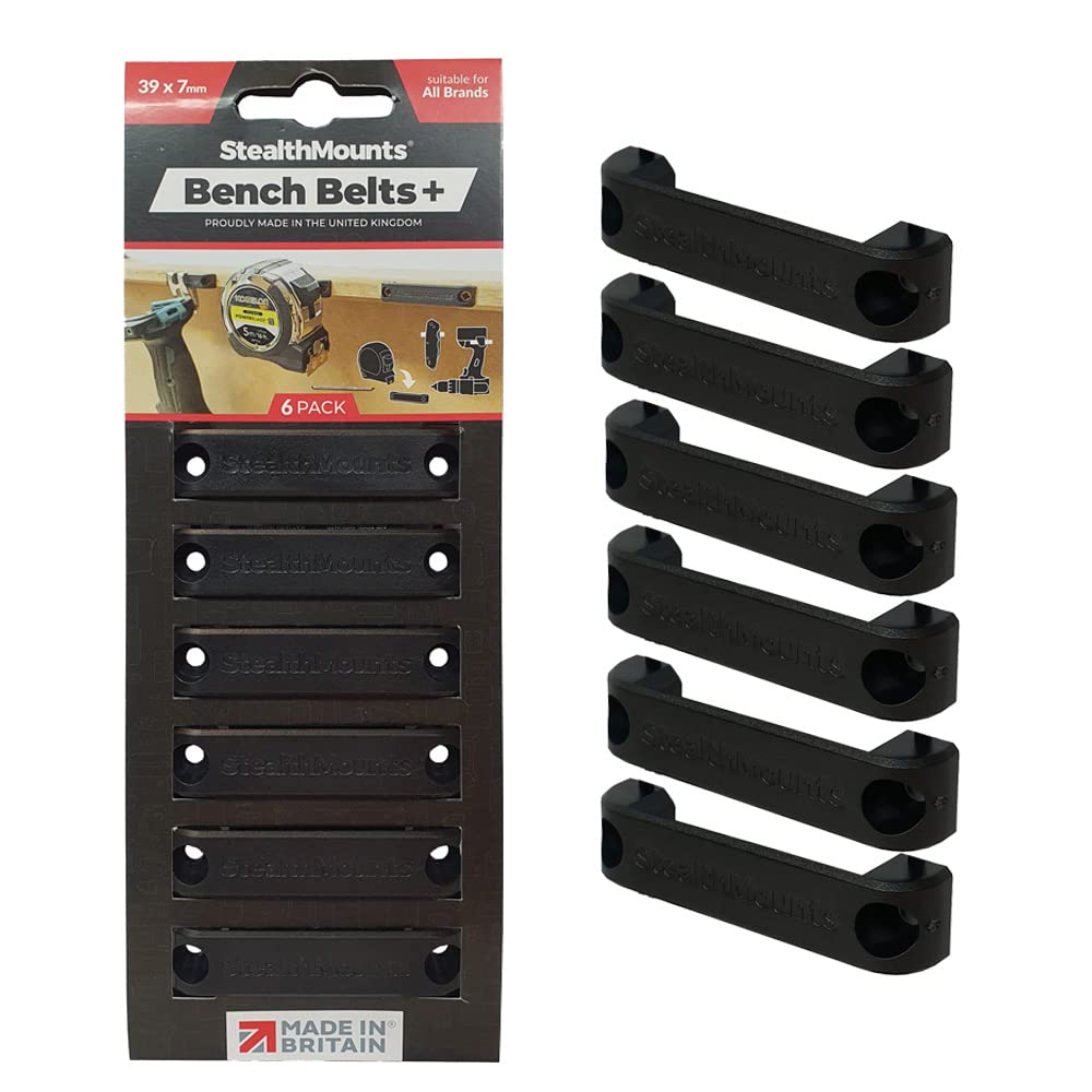 StealthMounts Bench Belt Plus - Universal Tool Holder & Storage Dock for Power Tools, Tape Measures, Belt Clips | Heavy-Duty Workbench Organizer | Perfect for Workshops, Garages & DIY Projects (Black)