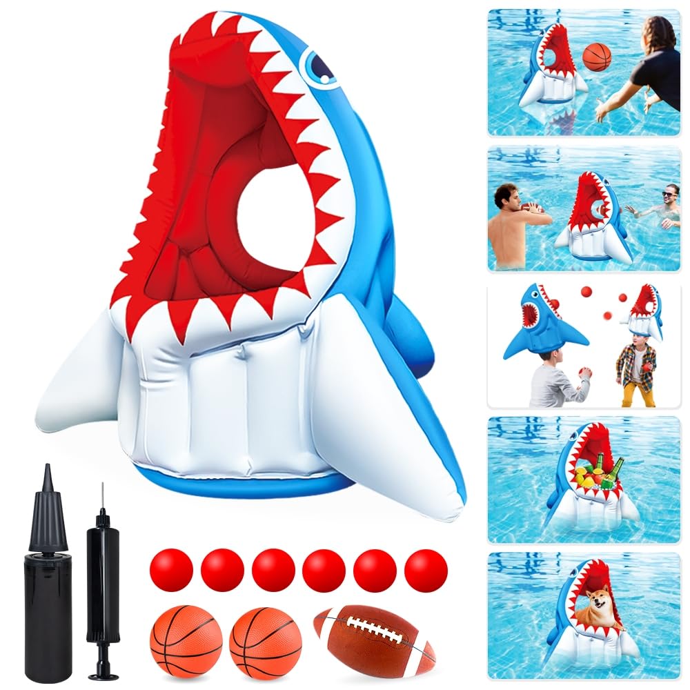 **Inflatable Pool Game Toys Set - 3-in-1 Shark Water Floats, Basketball Hoop, Football & Head Hoop Ball for Kids & Adults | Perfect for Summer, Beach, Pool Parties, Birthdays & Outdoor Family Fun**