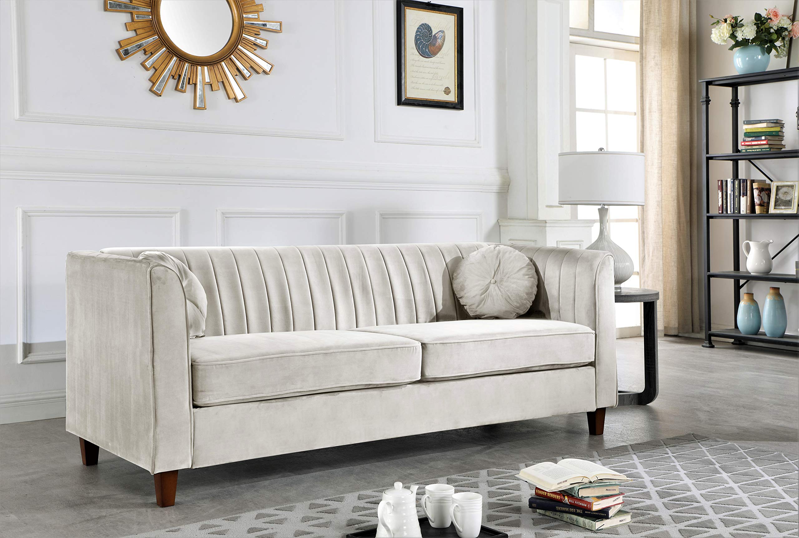 Arvilla Velvet Sofa with Bolster Pillows - Soft Upholstered Mid Century Modern Chesterfield Style Couch in Ivory | Perfect for Living Room, Lounge & Home Decor