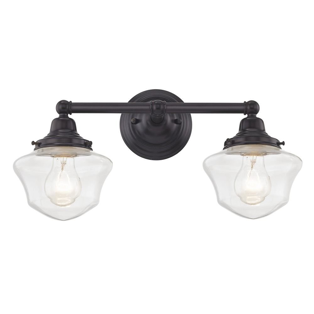 Clear Glass Schoolhouse Bathroom Light Fixture - Bronze Finish 2-Light 17 Inch - Perfect for Vintage Bathrooms, Powder Rooms & Farmhouse Decor