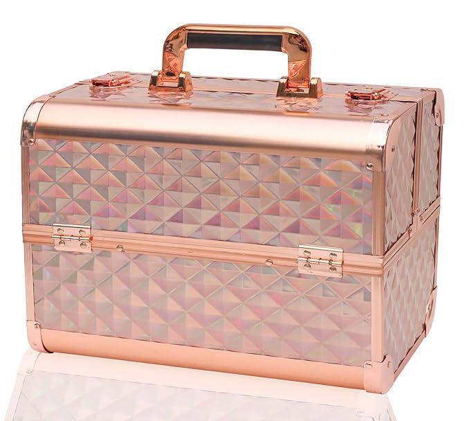 Professional Beauty Makeup Cosmetic Vanity Case - Diamond Cut Rose Gold Travel Organizer for Makeup Brushes & Cosmetics | Perfect for Home, Salon & Travel Use