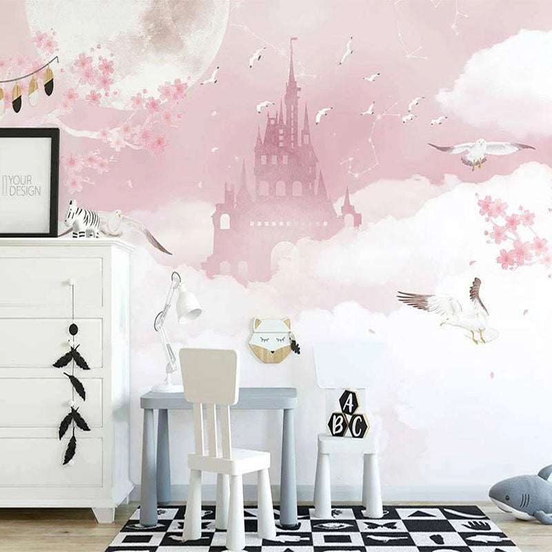 Pink Castle in Clouds Nursery Wallpaper - Dreamy Fantasy Wall Mural for Baby Girls Room Decor, Kids Bedroom, Playroom & Nursery Design