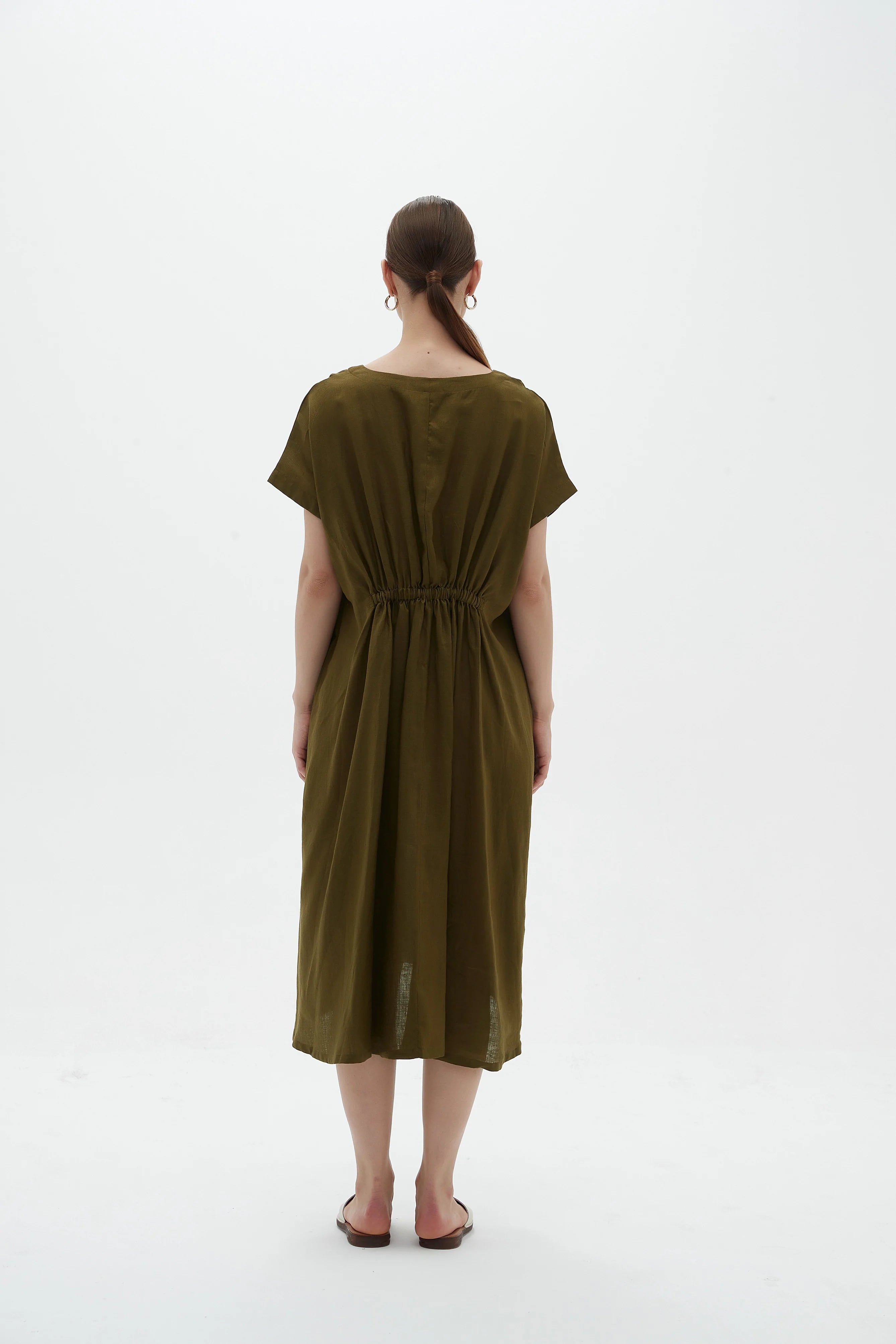 Elastic Gather Dress in Dark Moss - Flowy & Comfortable Women's Summer Dress for Casual Outings & Beach Wear