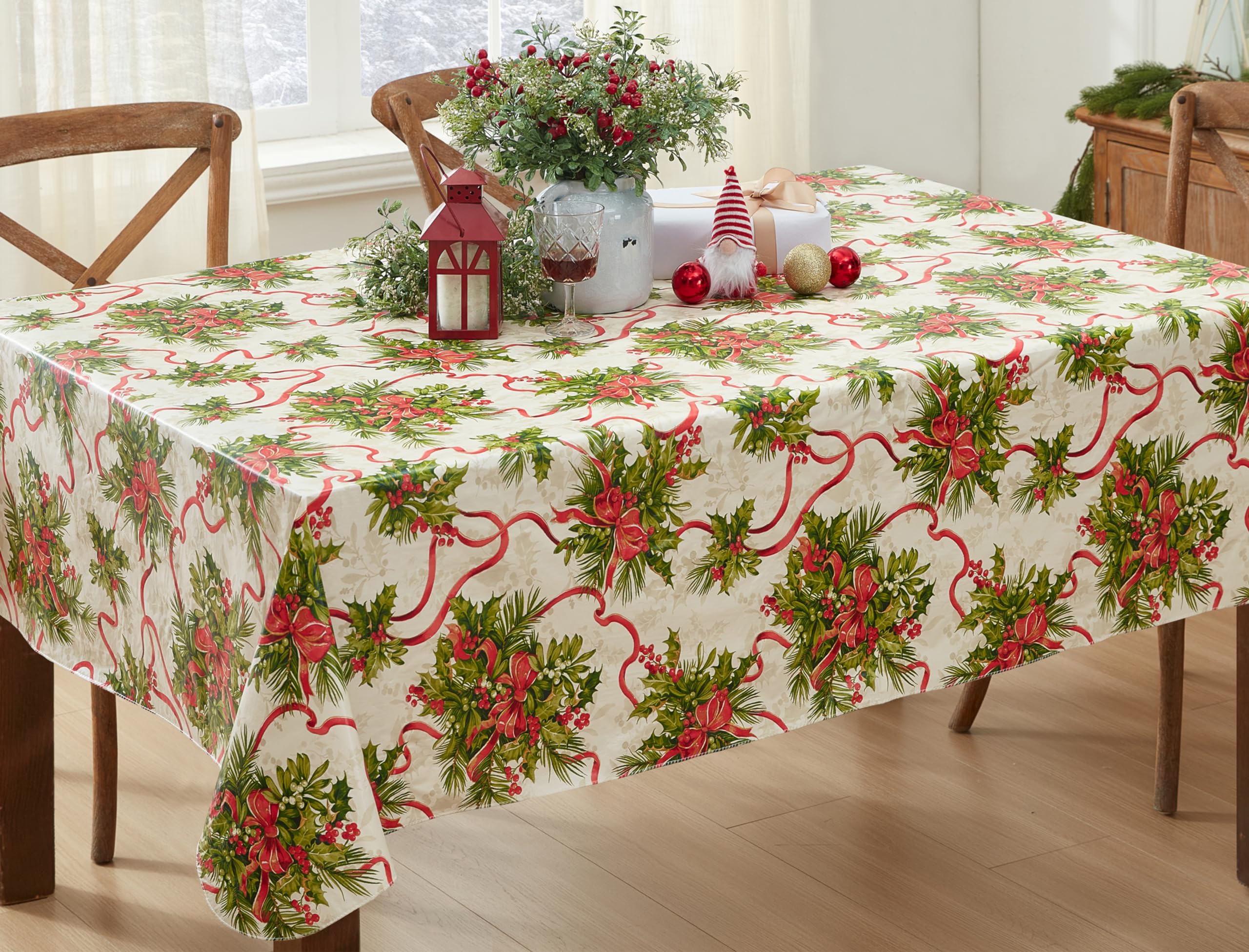 Newbridge Christmas Holly Traditions Vinyl Tablecloth with Flannel Backing - Red Holly Berry & Ribbons Holiday Design, Easy Care Wipe Clean, 60” x 102” Oblong/Rectangle - Perfect for Holiday Dinners, Parties & Festive Home Decor