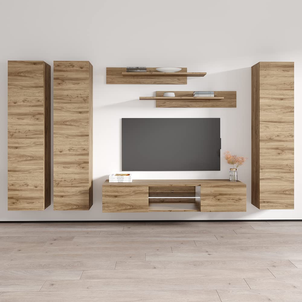 Modern Oak Wall-Mounted TV Stand with Storage Shelves & LED Lights - Floating Entertainment Center Console for Living Room & Bedroom - Space-Saving Media Storage Solution for TVs up to 33