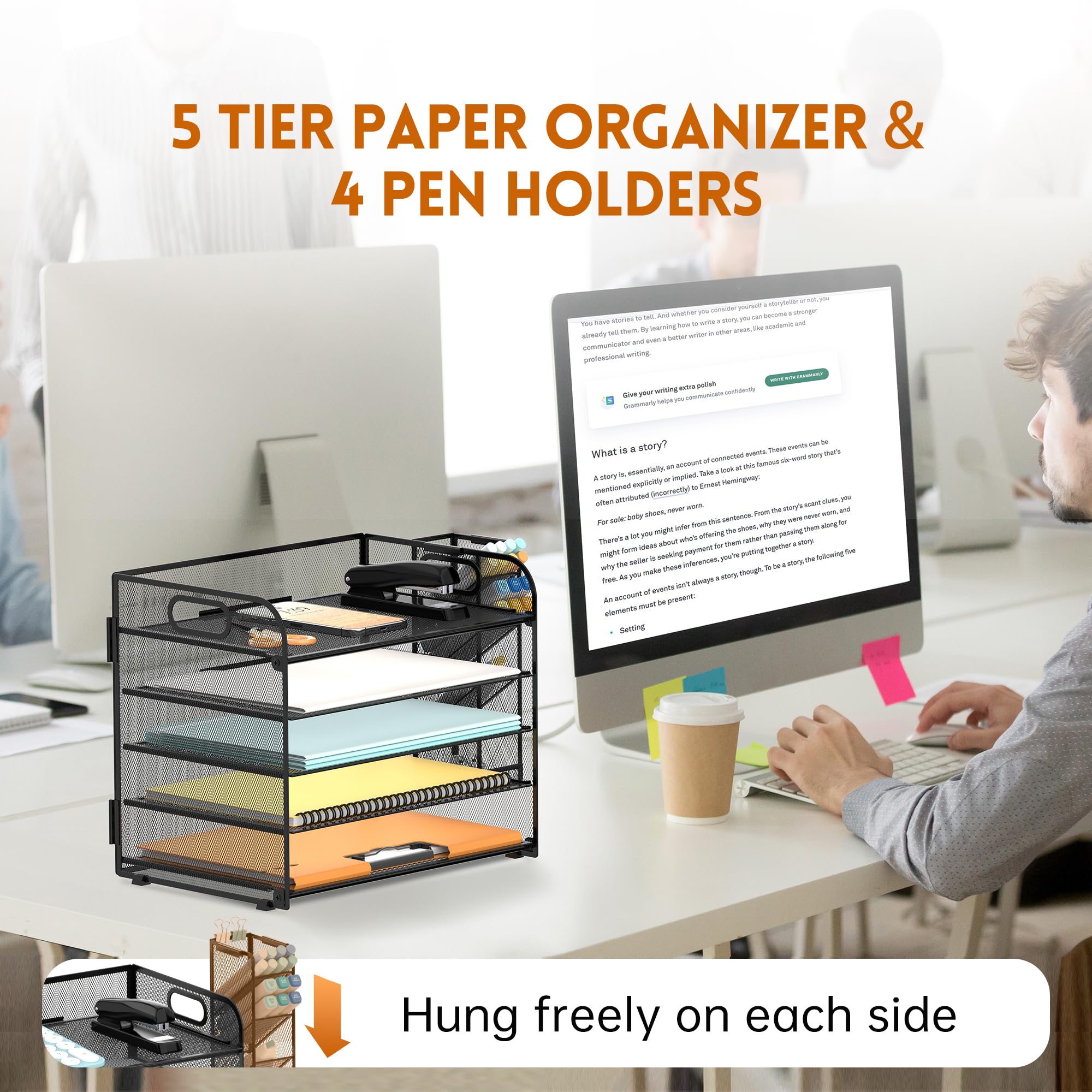SUPEASY 5 Tier Mesh Desk Organizer with Handle - Removable Pen Holders, File & Paper Tray for Office Supplies - Black - Perfect for Home Office, School & Workspace Organization