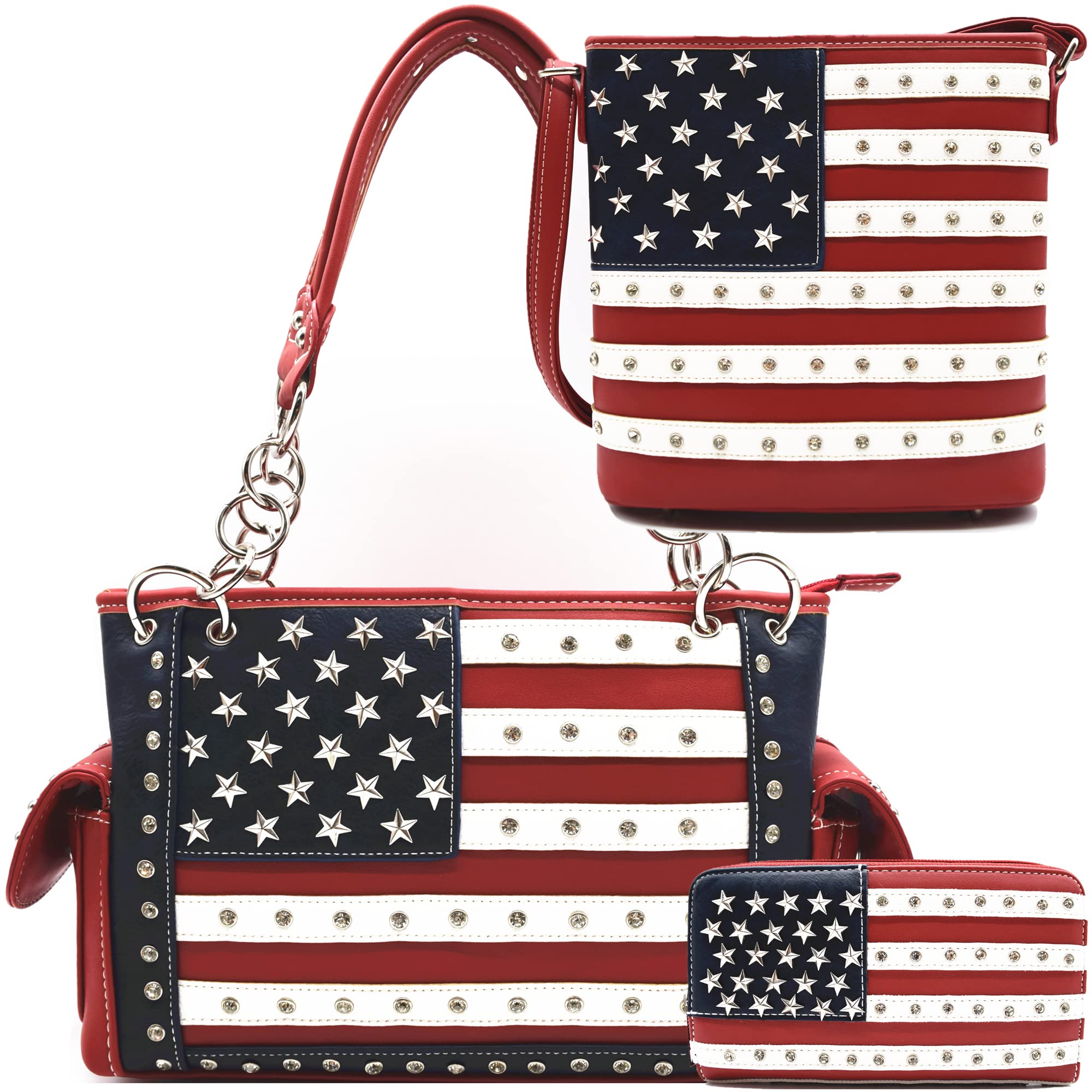 USA Flag Concealed Carry Purse for Women - Patriotic Stars & Stripes Shoulder Bag with Hidden Wallet Compartment | Perfect for Travel, Shopping & Everyday Use (Red)