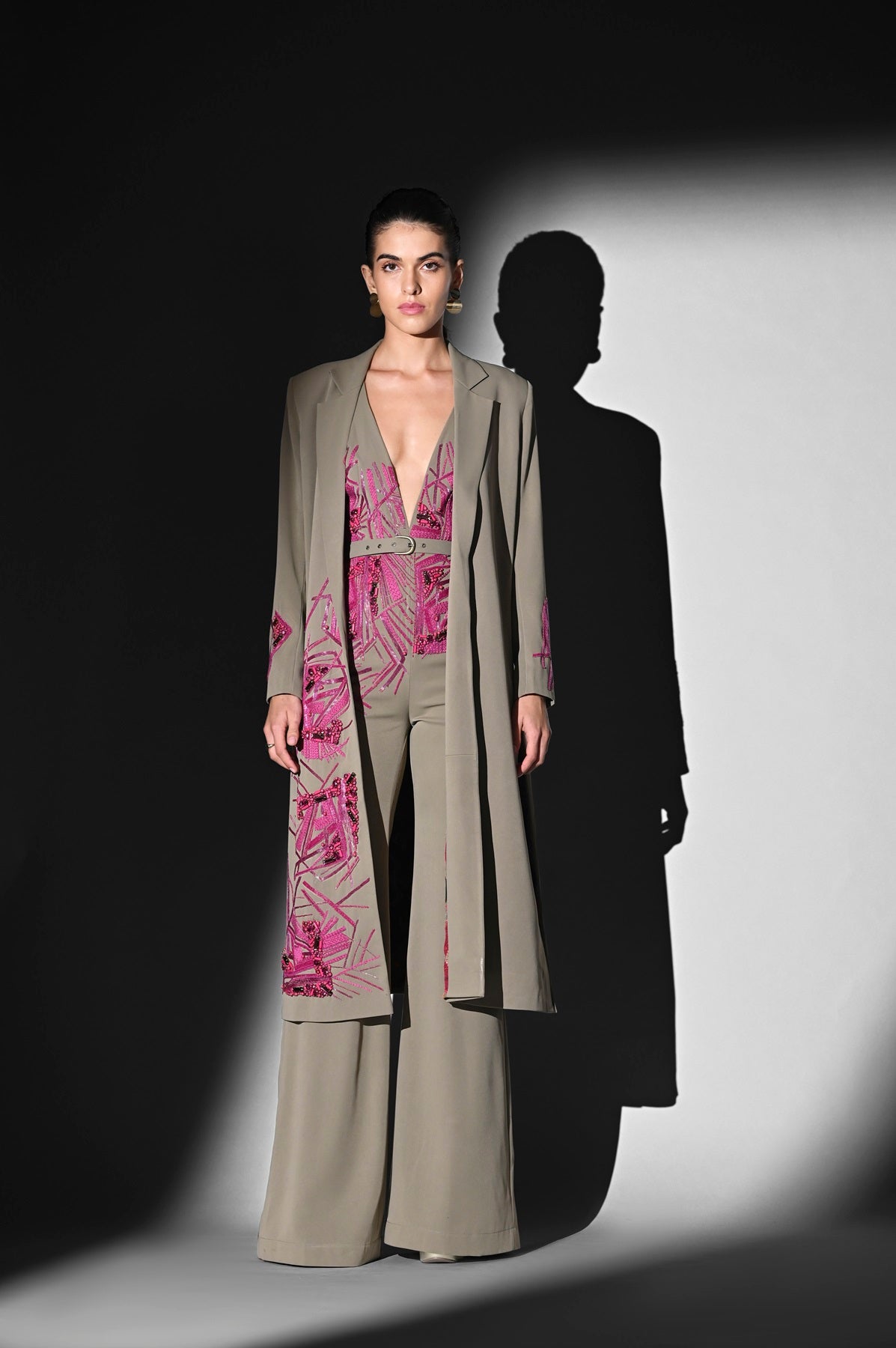 Elegant Beige Jumpsuit with Fuchsia Hand-Thread Embroidery - Perfect for Casual Outings, Parties & Special Occasions