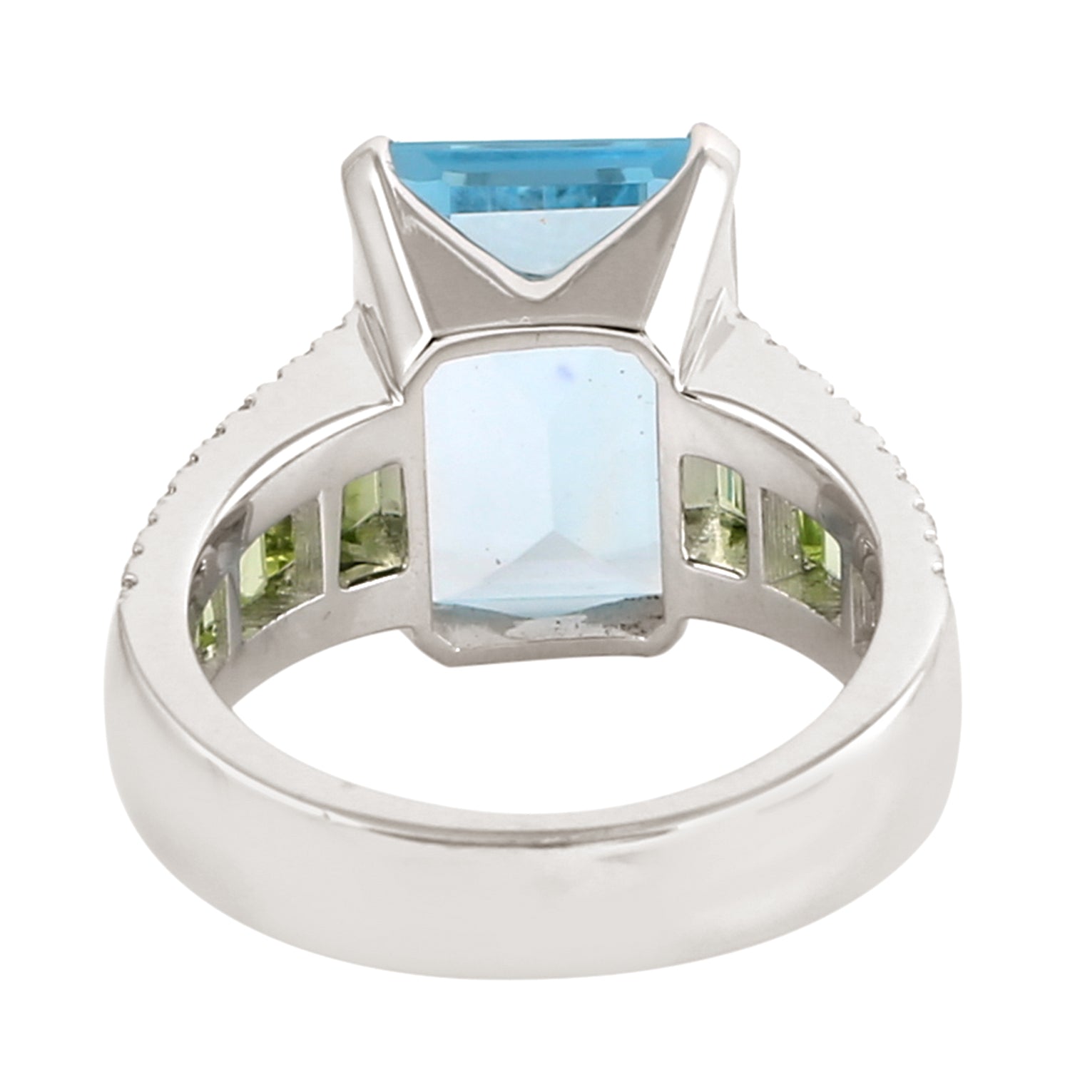 Blue Topaz Channel Set Baguette Peridot Pave Diamond Solitaire Ring in 14K White Gold | Elegant Engagement & Wedding Jewelry for Women