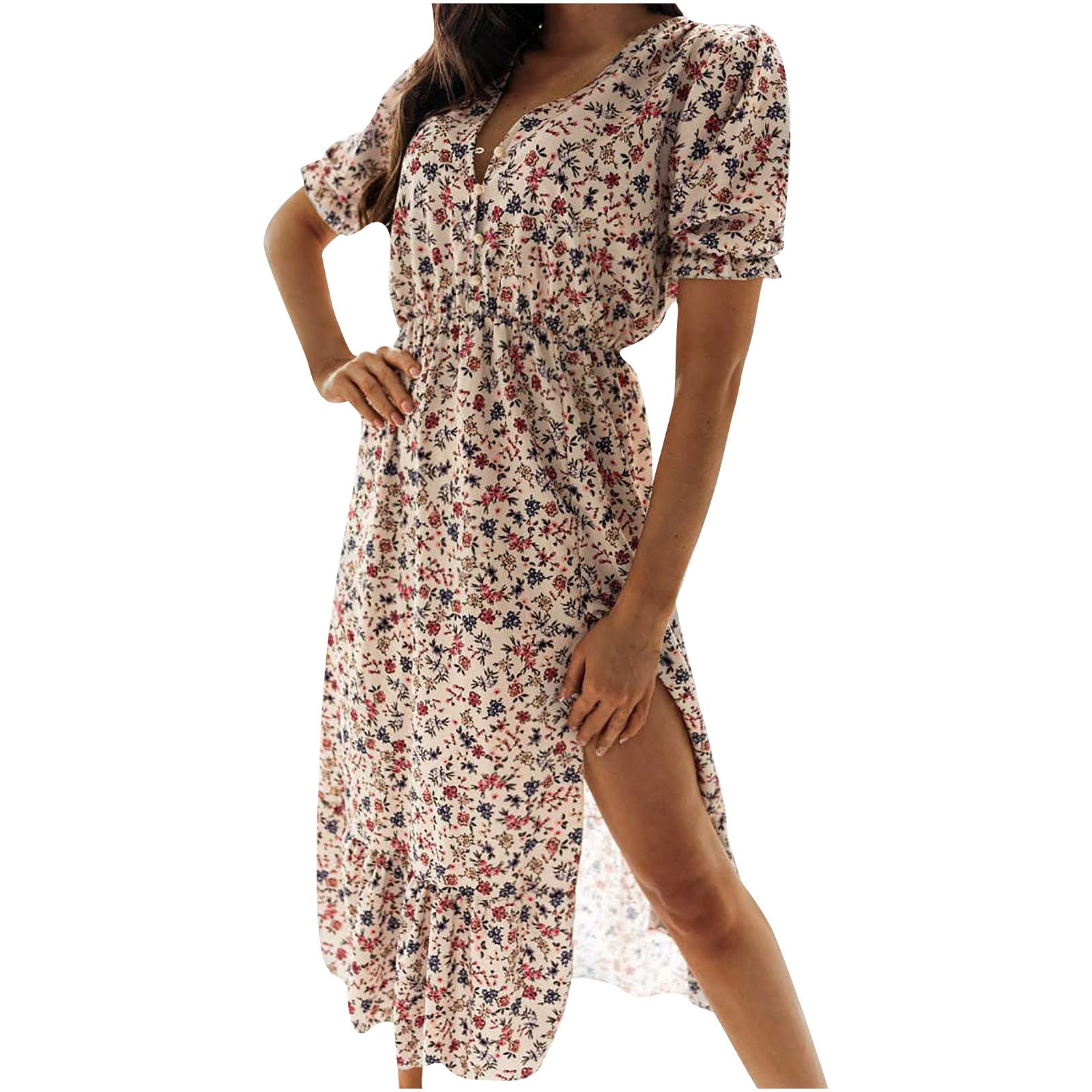 Women's Summer Floral Midi Dress - V Neck Short Sleeve High Waist Ruffle Hem with Slit | Casual Beach Wear, Party Outfit & Vacation Dress