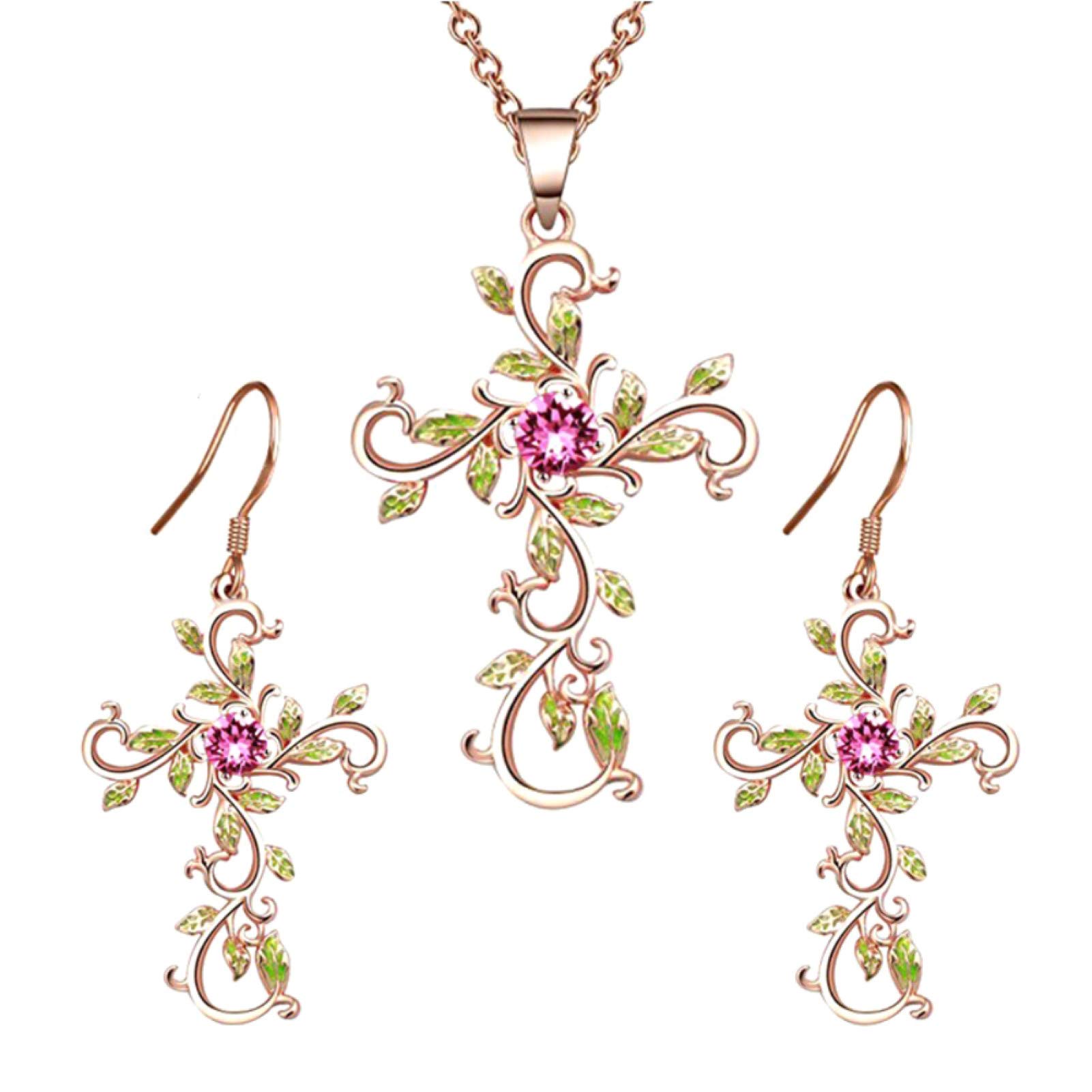 Sparkling Rhinestone Flower Pendant Necklace Set with Hook Earrings - Rose Gold Party Jewelry for Women & Girls | Perfect Gift for Birthdays, Weddings & Special Occasions