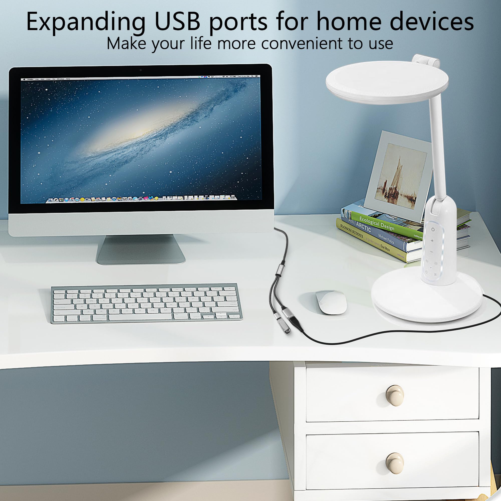 GELRHONR USB C to Dual USB Female Splitter Cable 1 to 2 Adapter - USB C OTG Charging Hub with USB C & USB A Ports - Compatible with Printers, Keyboards, Flash Drives, Laptops, LED Lights (0.3M) - Perfect for Office, Home & Travel Charging Solutions