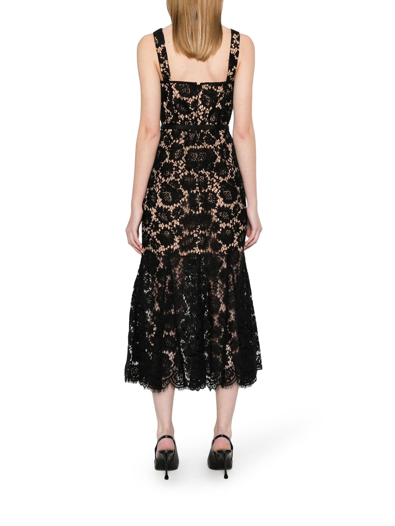 Elegant Black Lace Midi Dress for Women - Self Portrait Style Formal Evening Dress for Parties, Weddings & Special Occasions