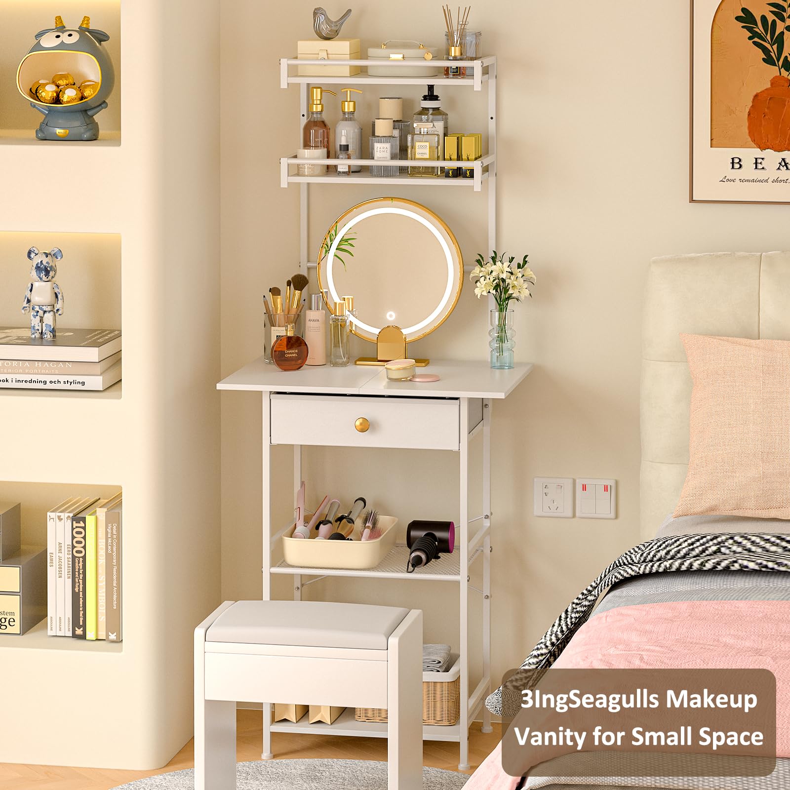 Compact White Makeup Vanity Table with Fabric Drawers - 23.6