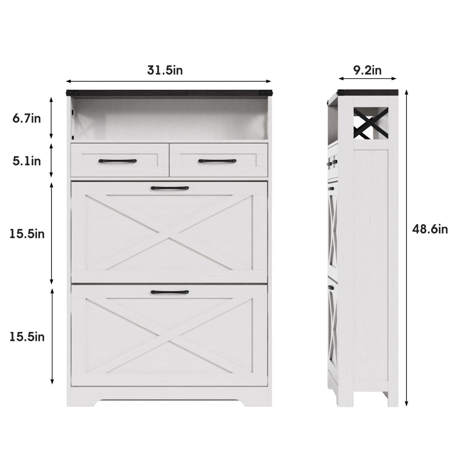 Maupvit Farmhouse Shoe Storage Cabinet - 2 Flip Drawers & 2 Drawers with Doors and Shelves - Entryway Shoe Organizer for Front Door - Narrow Shoe Rack for Small Spaces - Perfect for Hallway, Closet or Mudroom Organization - White