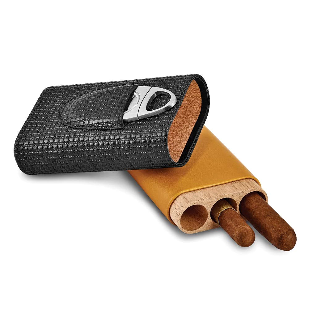 Black & Tan Polyurethane 3-Cigar Travel Humidor Case with Built-in Cutter - Perfect for Business Trips, Outdoor Adventures & Gifts for Cigar Lovers