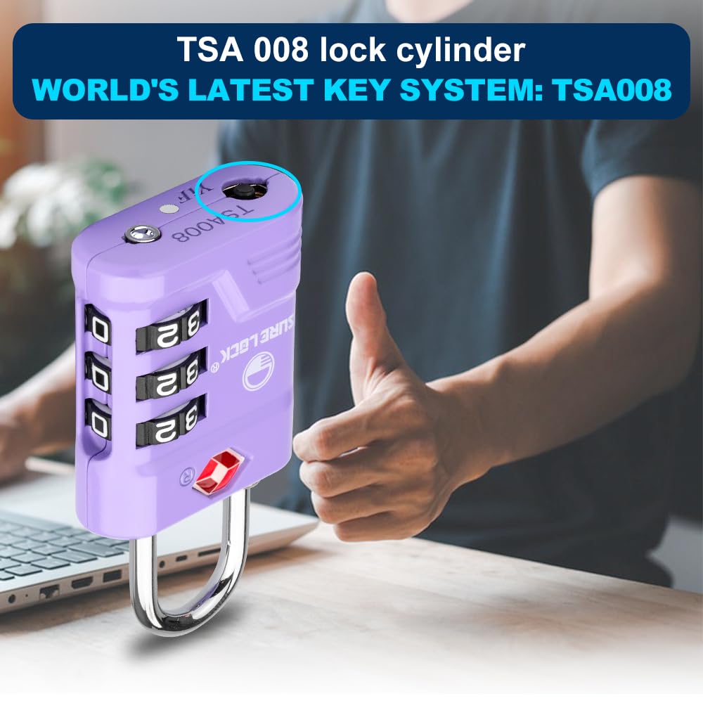 SURE LOCK TSA Approved Luggage Locks (2-Pack, Purple) - High Security Travel Locks with Open Alert, TSA008 Key & Easy Read Dials | Zinc Alloy Suitcase Locks for Airports, Gym & Travel Security