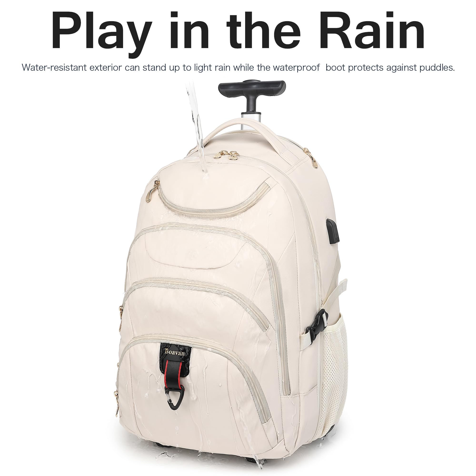 Boavan 17.3 Inch Rolling Backpack for Women - Wheeled Laptop Backpack with USB Charging Port, Waterproof Travel Carry-On Bag for College Students & Teachers, Business Overnight Luggage for Airplane (Beige) - Perfect for School, Work Commute & Business Trips