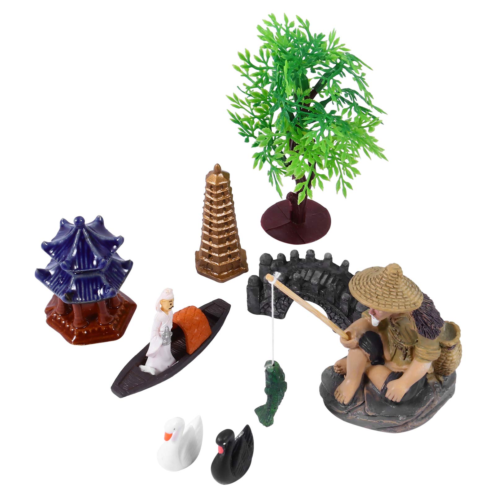 Miniature Pagoda Lantern Set - Sandbox Fisherman Bridge, Tree & Boat Decor for Terrarium, Bonsai, Mini Pond | Office Desk Decorations & Zen Garden Accessories | Perfect for Home Décor, Aquarium Landscaping & DIY Fairy Gardens