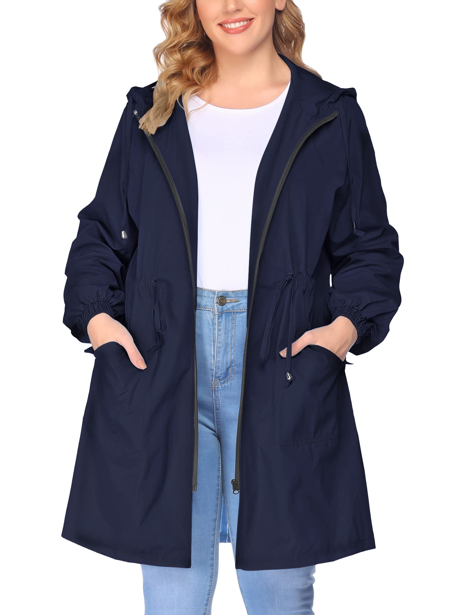 IN'VOLAND Women's Plus Size Lightweight Waterproof Rain Jacket with Hood & Pockets - Long Windbreaker Raincoat for Outdoor Activities, Commuting & Travel