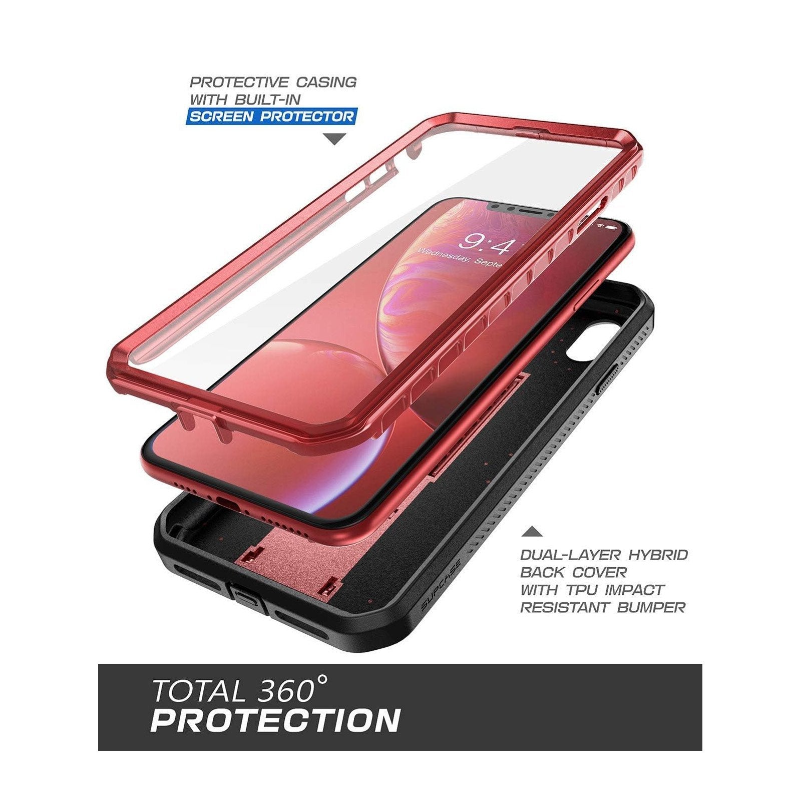 iPhone XR Unicorn Beetle Pro Full Body Holster Case - Heavy Duty Shockproof Cover with Built-in Screen Protector, Metallic Red - Perfect for Outdoor, Work & Extreme Sports Protection