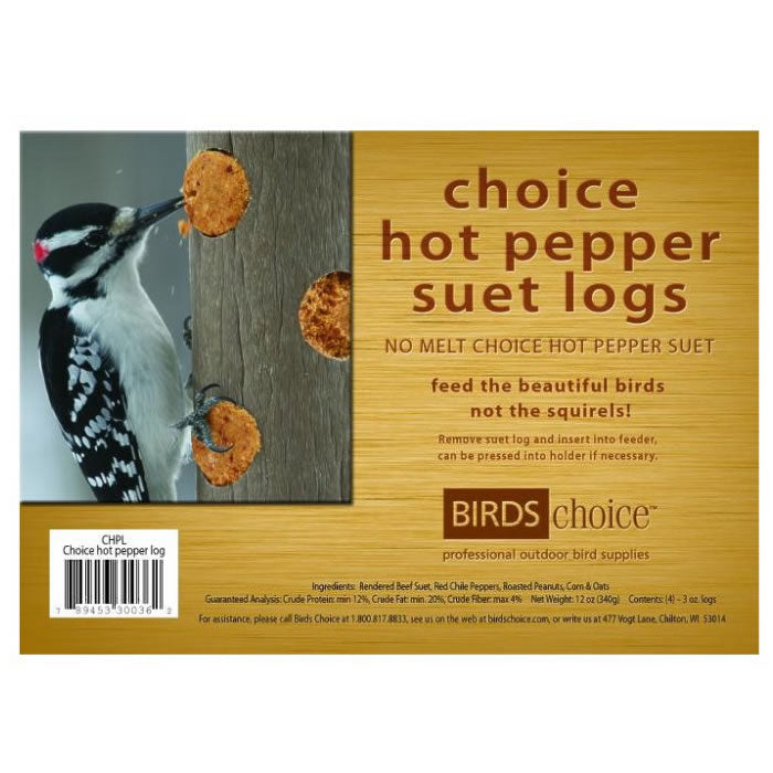 Hot Pepper Suet Logs for Birds - 4 Pack | High Energy Wild Bird Food | Attract Woodpeckers & Cardinals | Perfect for Backyard Bird Feeders & Winter Feeding