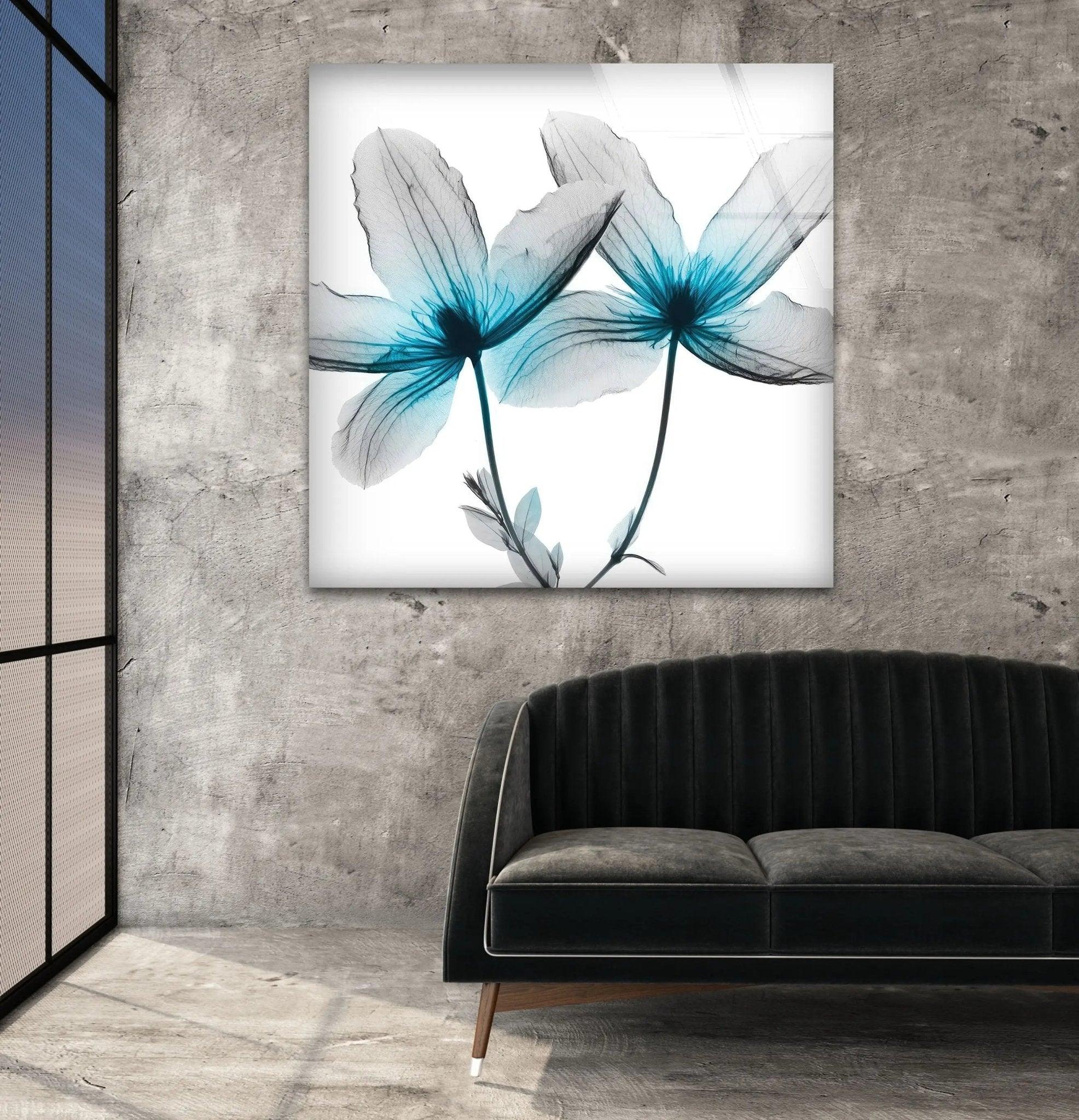 Albert Koetsier Blue X-Ray Flower Glass Wall Art - Modern Home Decor for Living Room, Bedroom & Office - Unique Handmade Glass Artwork