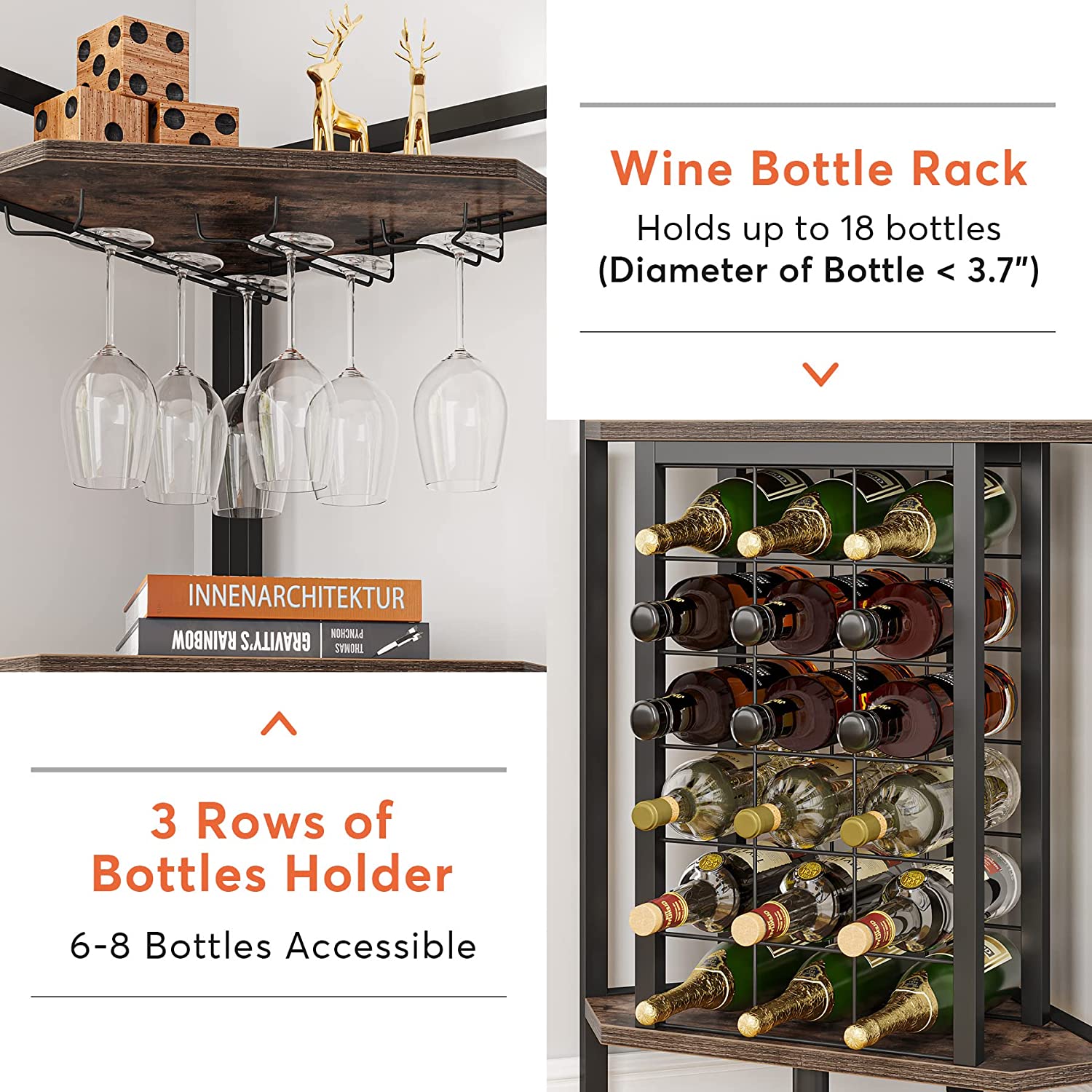 4 Tier Corner Wine Rack with Glass Holder & Storage Shelves - Space Saving Wine Storage for Kitchen, Bar, Dining Room & Home Decor