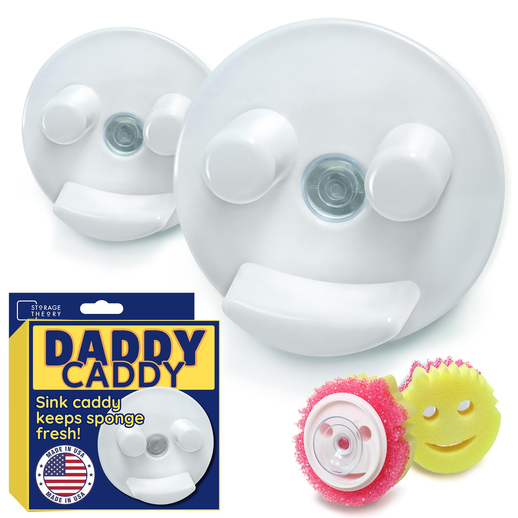 The Daddy Caddy - 2 Pack White Kitchen Sink Sponge Holder with Strong Suction Cup - Smiley Face Organizer for Sponges & Scrubbers - Keeps Countertops Clean & Dry - Perfect for Kitchen, Bathroom, and Office Sink Organization
