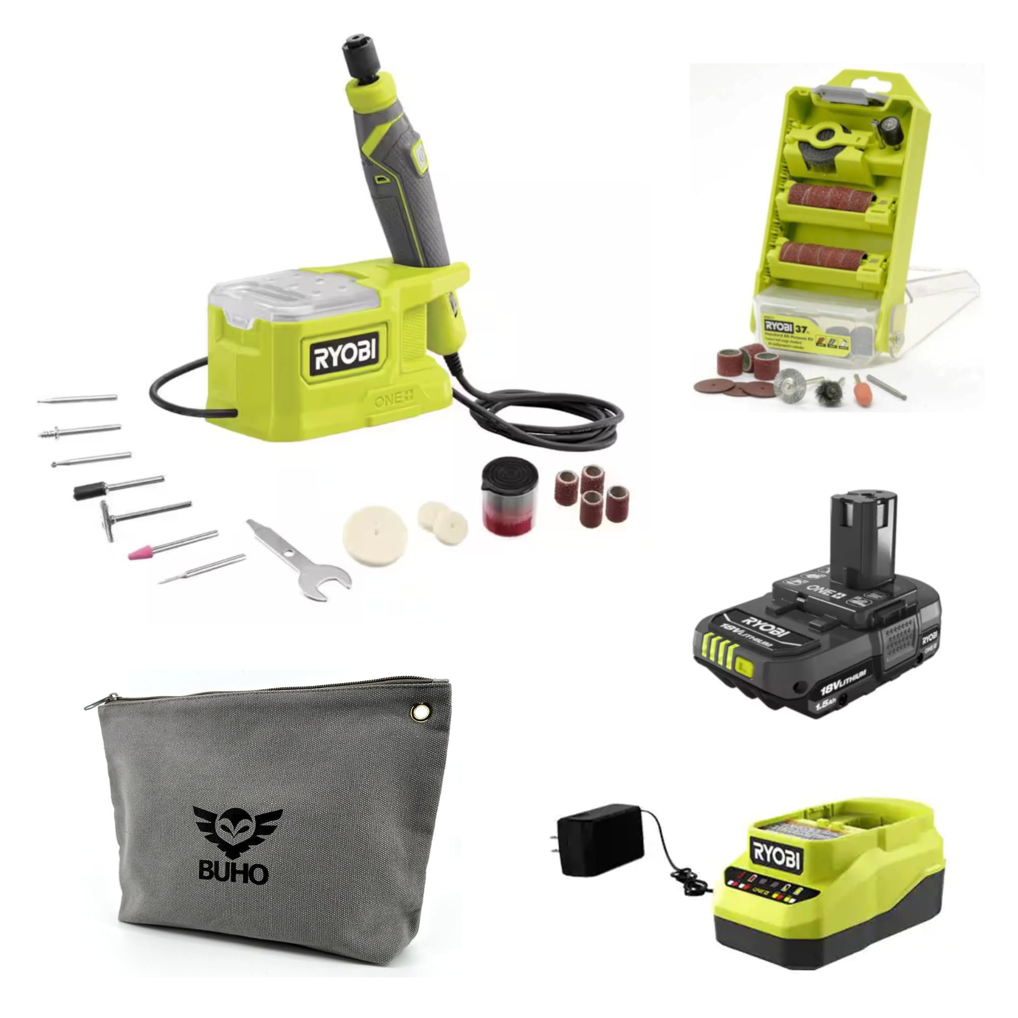Ryobi 18V Cordless Rotary Tool Kit with 37-Piece Accessory Set, 1.5Ah Battery & Charger - Ideal for DIY Crafts, Wood Carving, Metal Engraving & Home Repair Projects