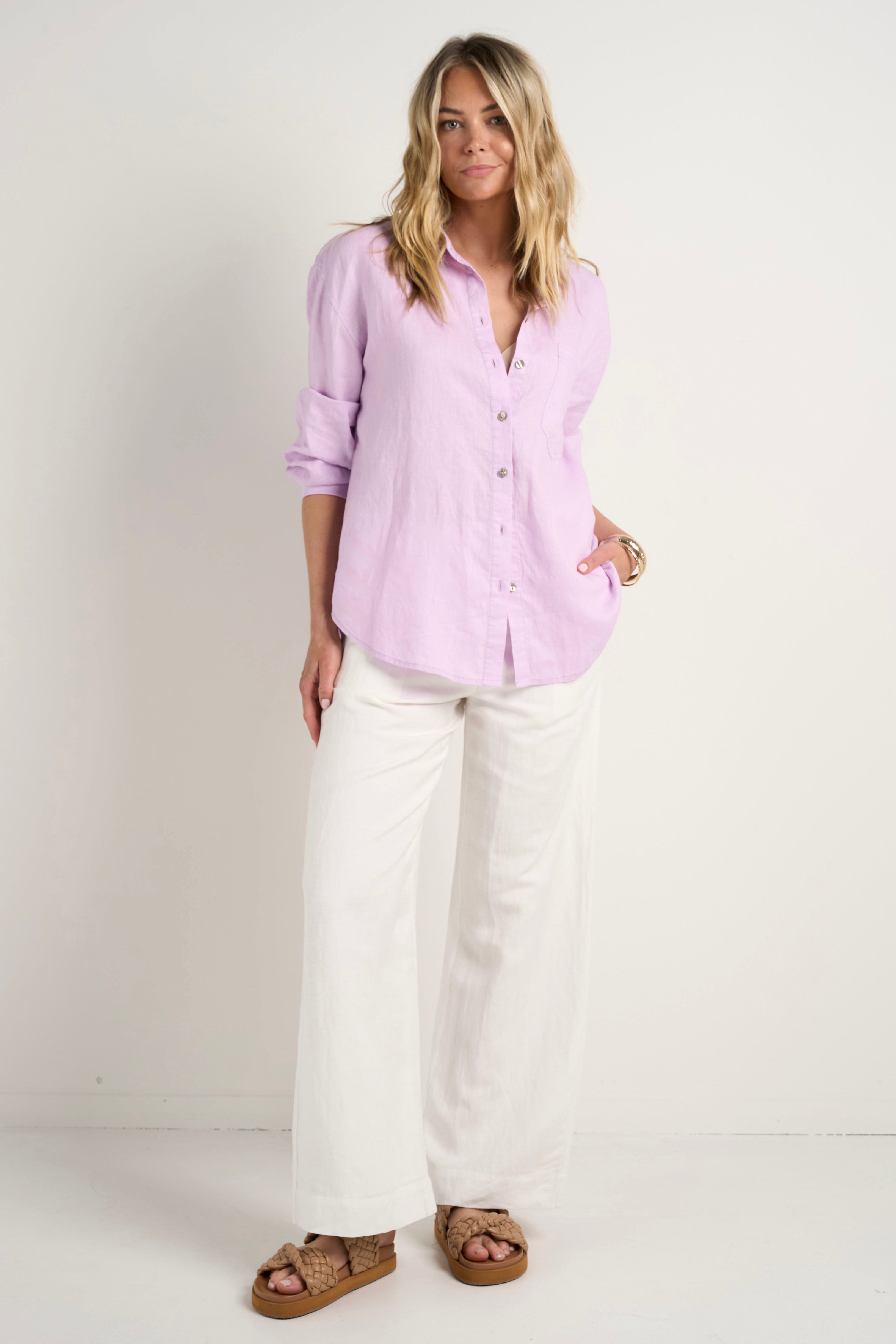 Optimum Lilac Linen Oversized Shirt for Women - Soft & Breathable Loose Fit Button Down Shirt - Perfect for Casual Outfits, Beach Cover-Up & Summer Layering