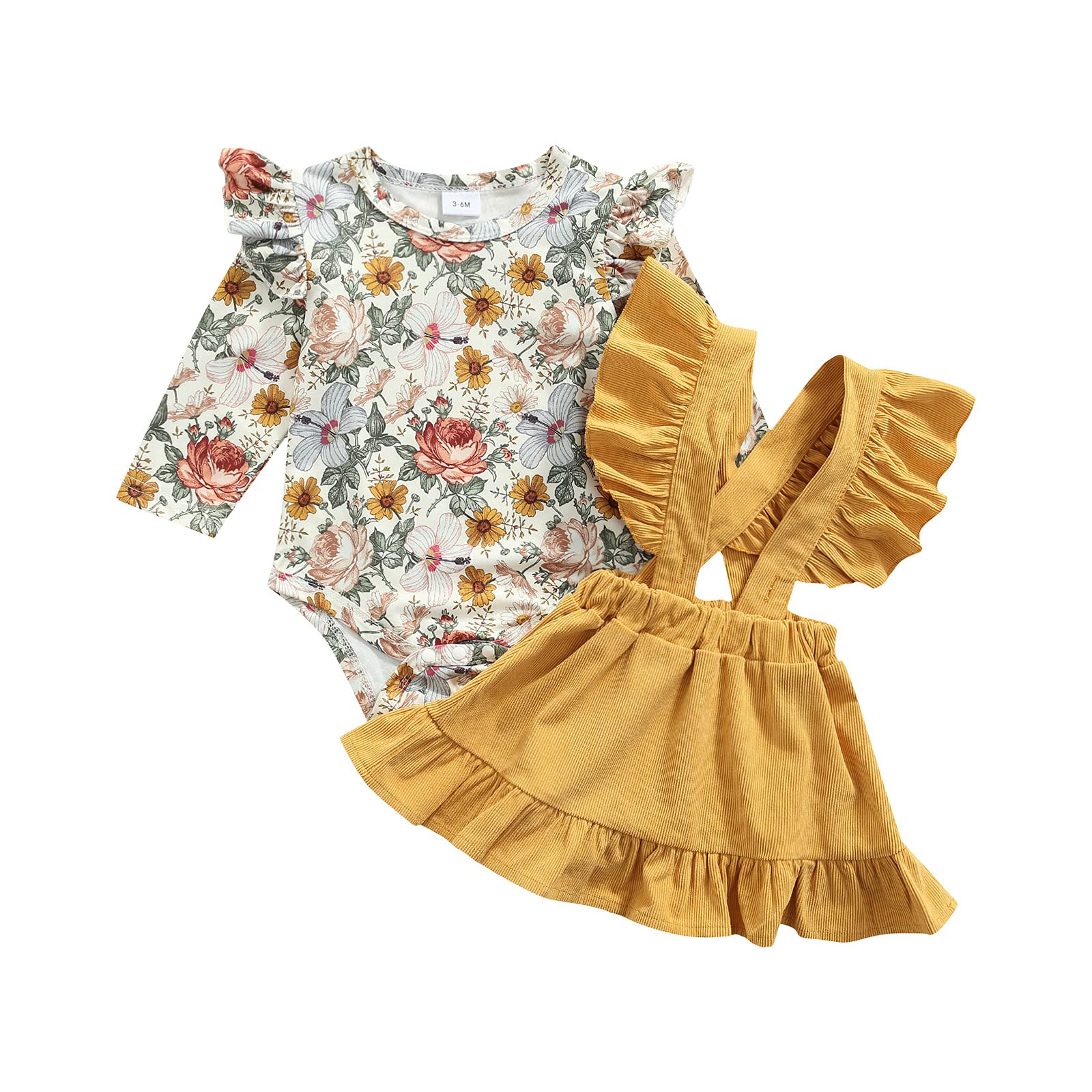 Newborn Baby Girl Outfits - Floral Ruffle Long Sleeve Romper & Suspender Skirt Set | Fall Infant Clothes | Perfect for Photoshoots, Family Gatherings & Special Occasions