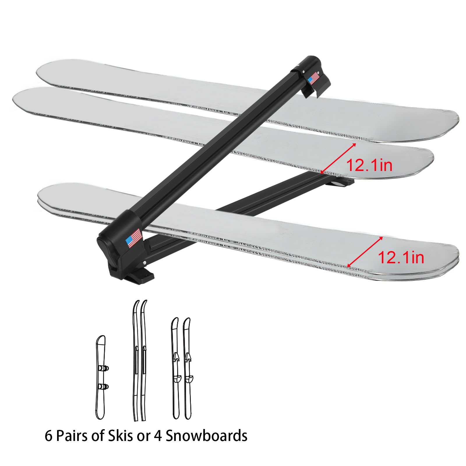 Heavy-Duty Aluminum Ski and Snowboard Rack for Roof Rack - Extended Version with Key Lock Security Holds 6 Pairs of Skis or 4 Snowboards - Perfect for Winter Sports, Mountain Trips, and SUV/Car Roof Storage (Black)