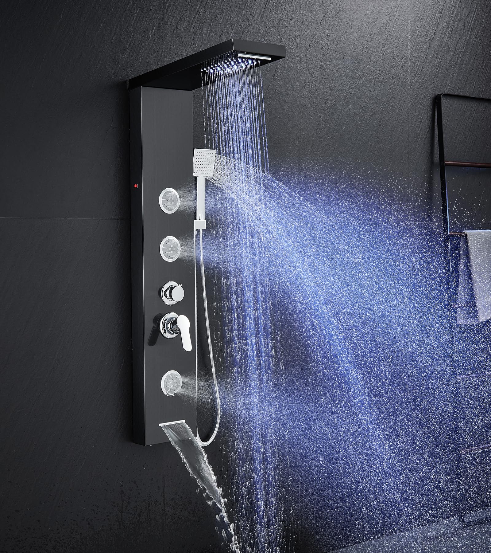 5-in-1 Multi-Function LED Shower Panel System with Rainfall Shower Head, Waterfall Shower, Adjustable Massage Jets & Handheld Sprayer - Perfect for Modern Bathroom Renovation & Spa-Like Shower Experience