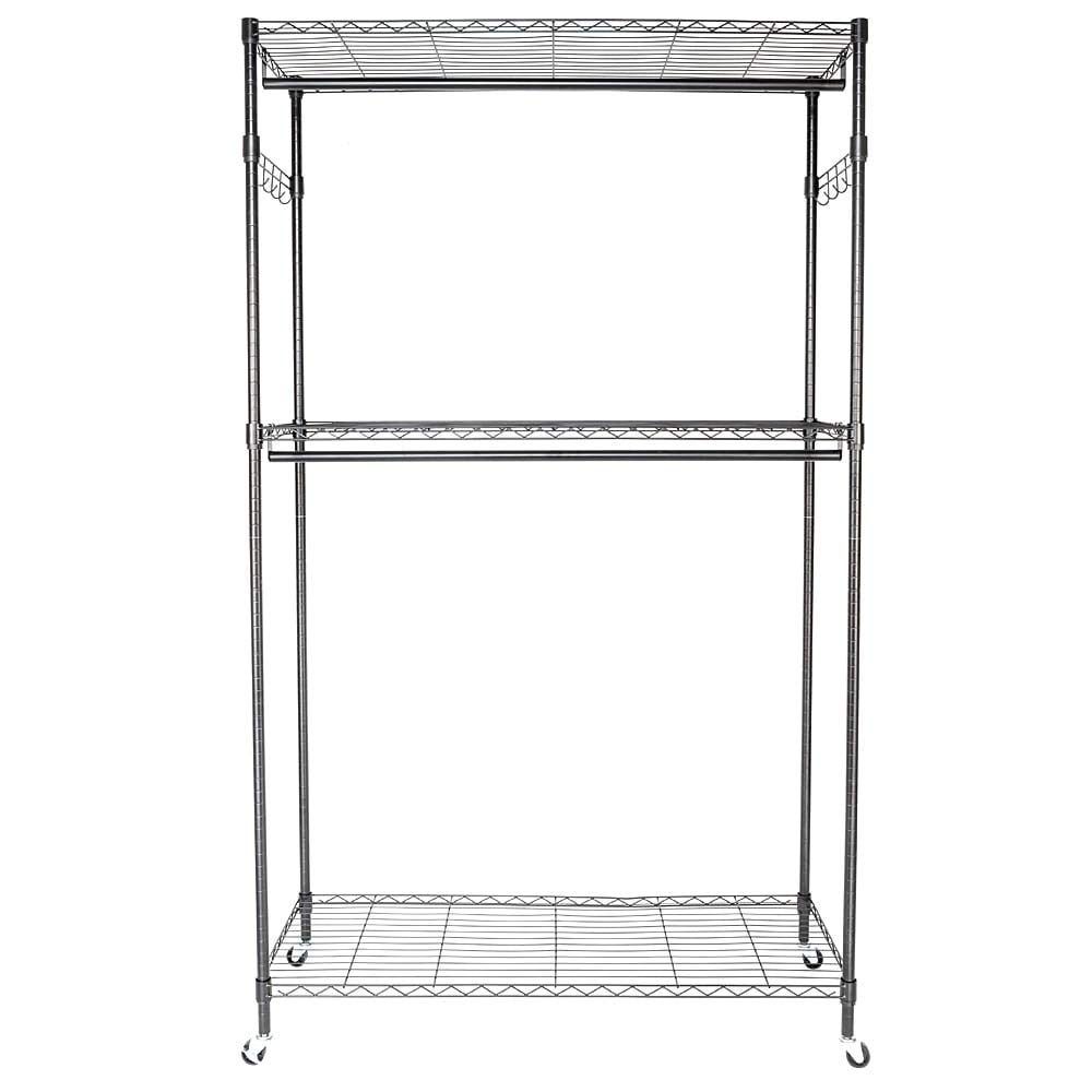 2-Tier Rod Closet Organizer - Space Saving Garment Rack with Hanging Shelf for Clothes Storage - Perfect for Bedroom, Closet & Dorm Organization (Black)
