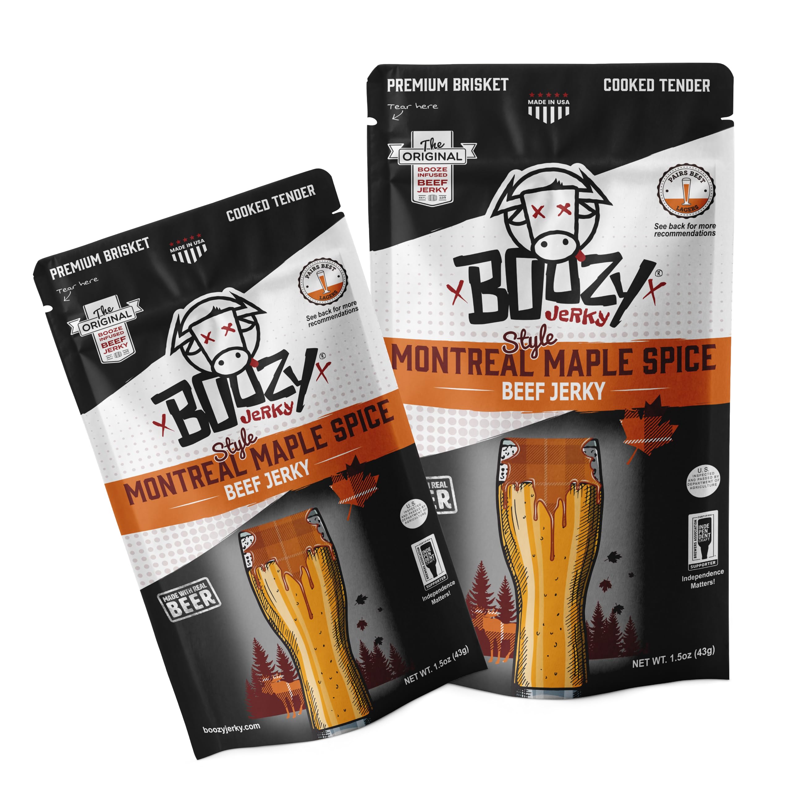 **Boozy Jerky - Craft Beer Infused Beef Jerky | Montreal Maple Spice Brisket | 2-Pack | All Natural, High Protein, Premium Marinated Small Batch | Perfect Gift for Beer Lovers & Snackers - Great for Camping, Hiking & Game Nights**