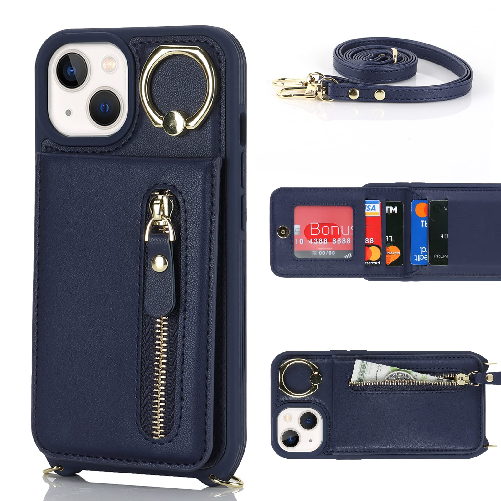 Premium Shockproof iPhone 14 Case with Card Holder & Crossbody Strap - Wallet Phone Case with Kickstand & Zipper for Women (Blue) | Perfect for Travel, Shopping & Everyday Use