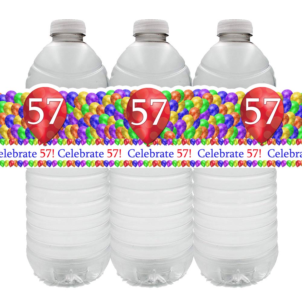 Partypro 57th Balloon Blast Water Bottle Labels - 24 Count for Birthday Party Decorations, Baby Showers & Anniversary Celebrations - Custom Drink Bottle Stickers for Events & Special Occasions