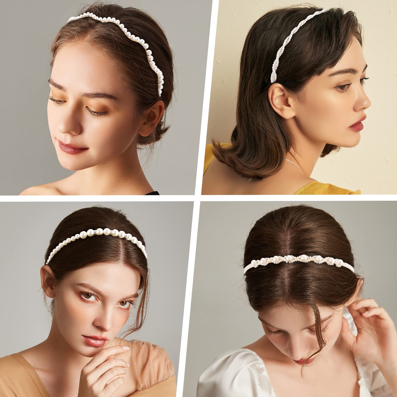 AMCAMI White Pearl Rhinestones Sparkly Beaded Hair Accessories - 6 PCS Headbands & Hair Hoops for Women & Girls | Fashionable Hairbands for Parties, Weddings & Daily Wear
