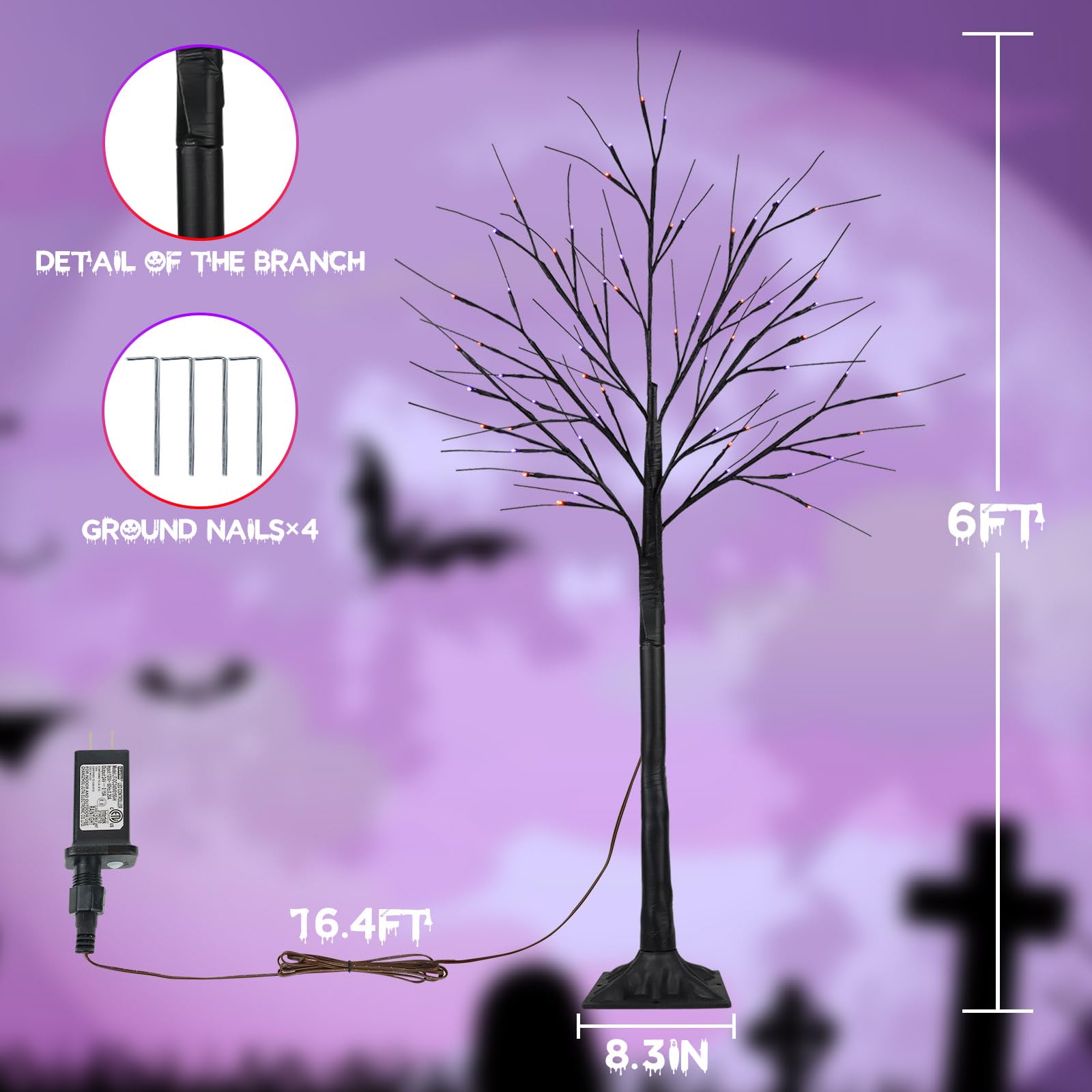 2-Pack 6FT 300LED Black Halloween Tree Lights with Timer - Purple & Orange Spooky Lights for Indoor/Outdoor Halloween Decorations | Perfect for Yard, Porch, Party & Haunted House Displays