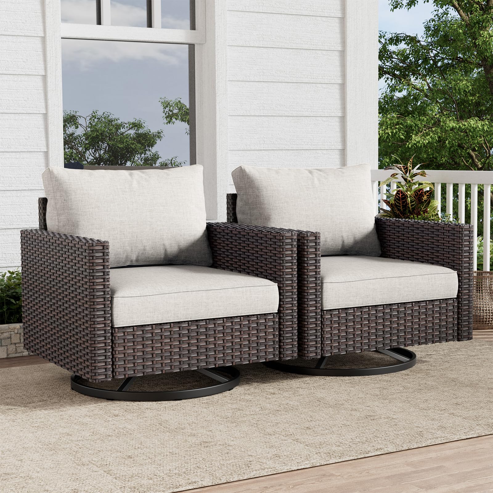 HUMMUH 2-Piece Outdoor Swivel Rocking Chairs Set, PE Wicker Patio Glider Chairs for Porch, Balcony, Deck & Garden - Perfect for Relaxing, Sunbathing & Outdoor Entertaining