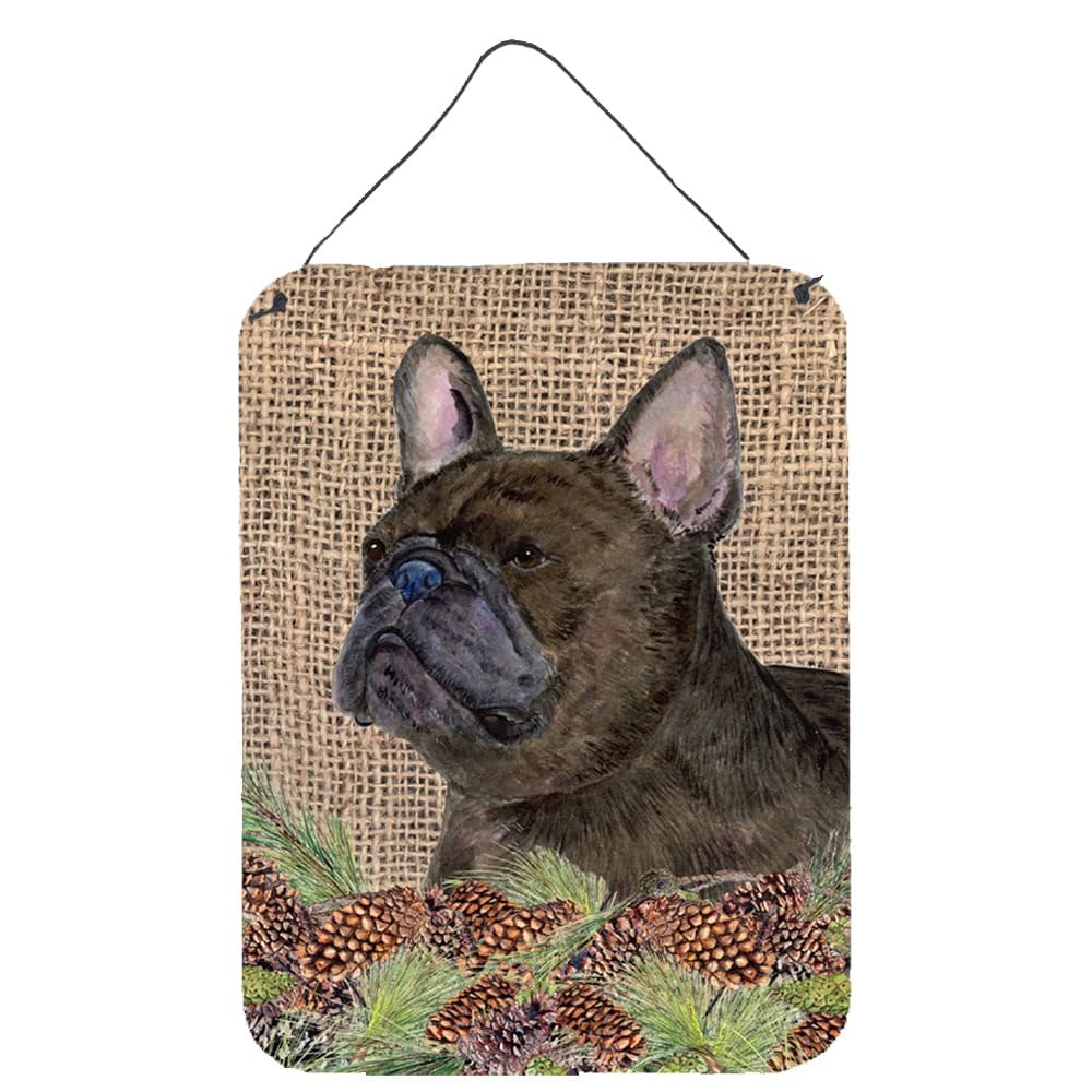 French Bulldog Metal Wall Art Sign - 12x16 Faux Burlap with Pine Cones Decor for Kitchen, Bar, Bathroom & Front Door | Rustic Home Decor | Perfect for Pet Lovers & Farmhouse Style