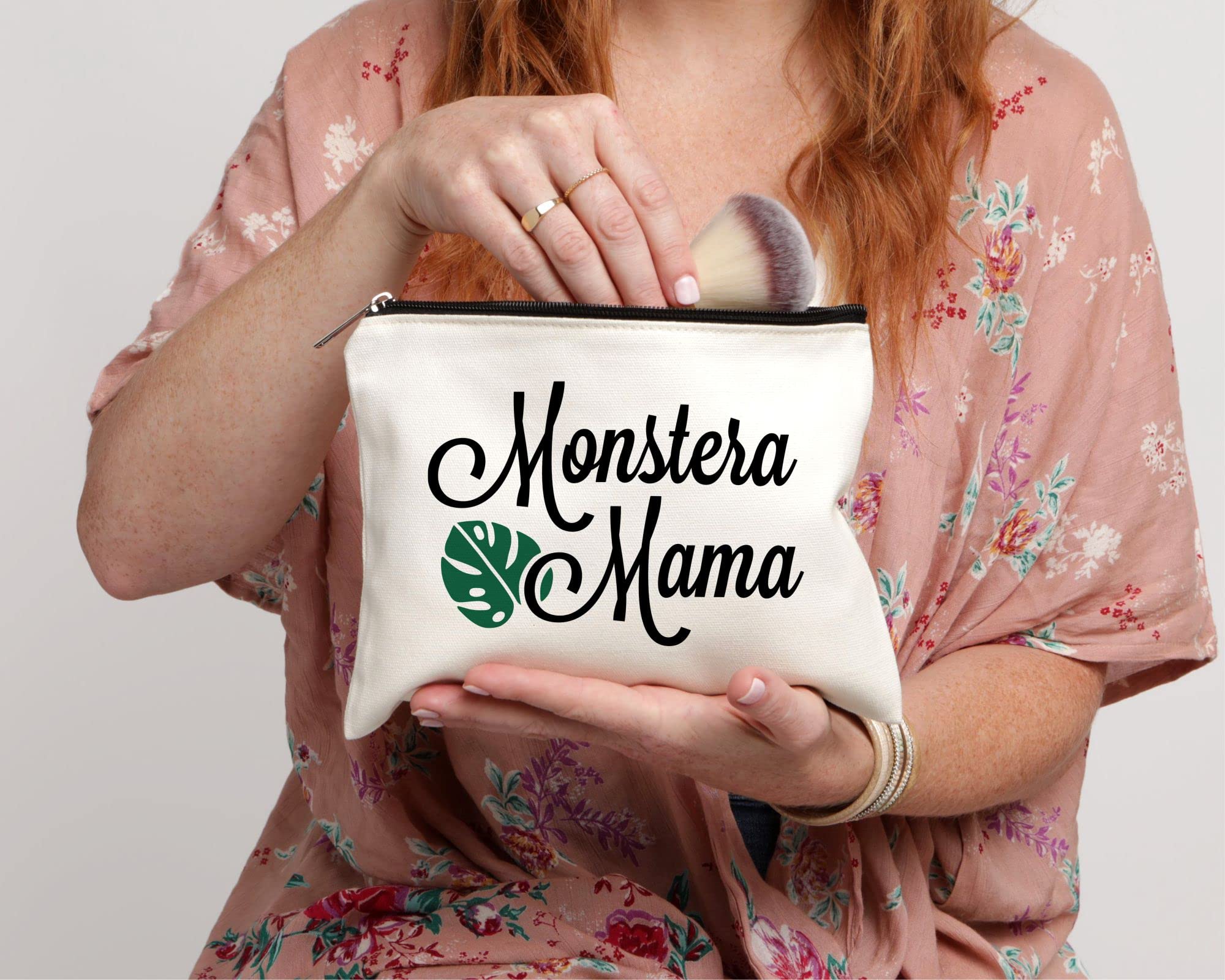 Moonwake Designs Monstera Mama Makeup Bag - Beige Cotton Canvas Cosmetic Pouch for Women, Plant Lover Gift Idea - Perfect for Travel, Gym & Daily Essentials Organization