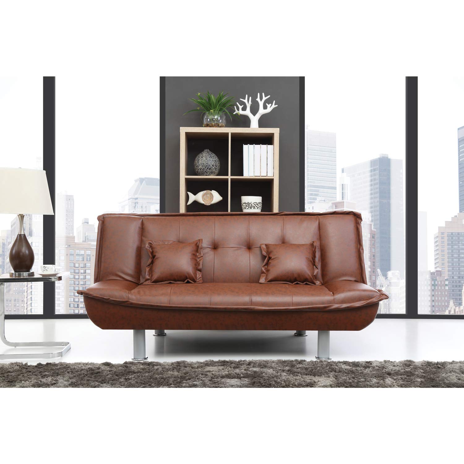 Glory Furniture Lionel G133-S Convertible Sofa Bed with Storage, Brown Leather - Perfect for Small Apartments, Guest Rooms & Home Offices