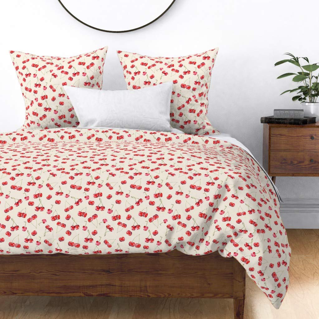 Custom Cherry Pattern Foodie Watercolor Cute Fruit Retro Style Abstract Kitchen Print Cotton Sateen Duvet Cover - Full/Queen Size for Bedroom Decor | Perfect for Vintage & Boho Chic Home Styling